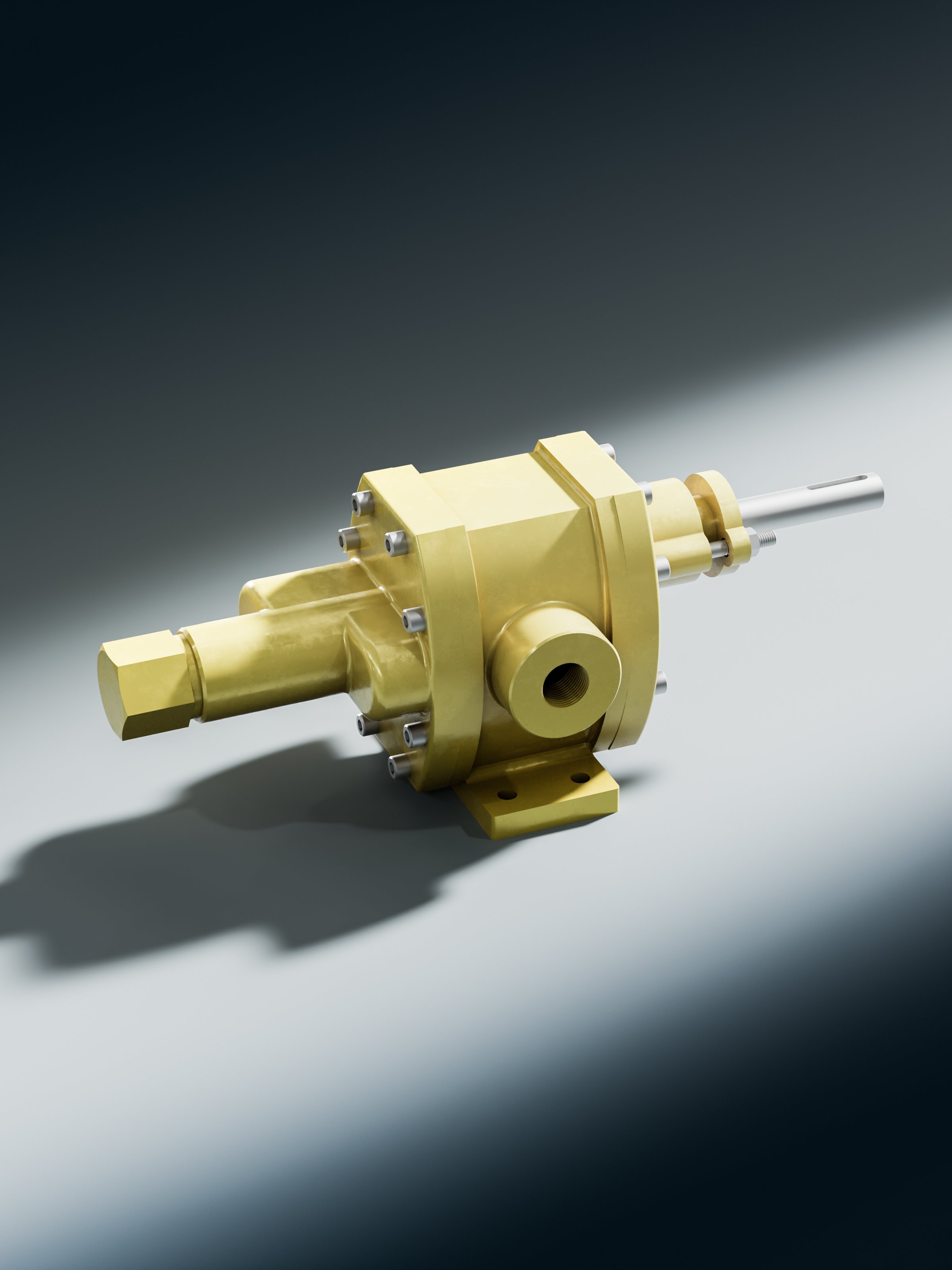A yellow and metallic mechanical component with various cylindrical and rectangular parts, set against a gradient background.