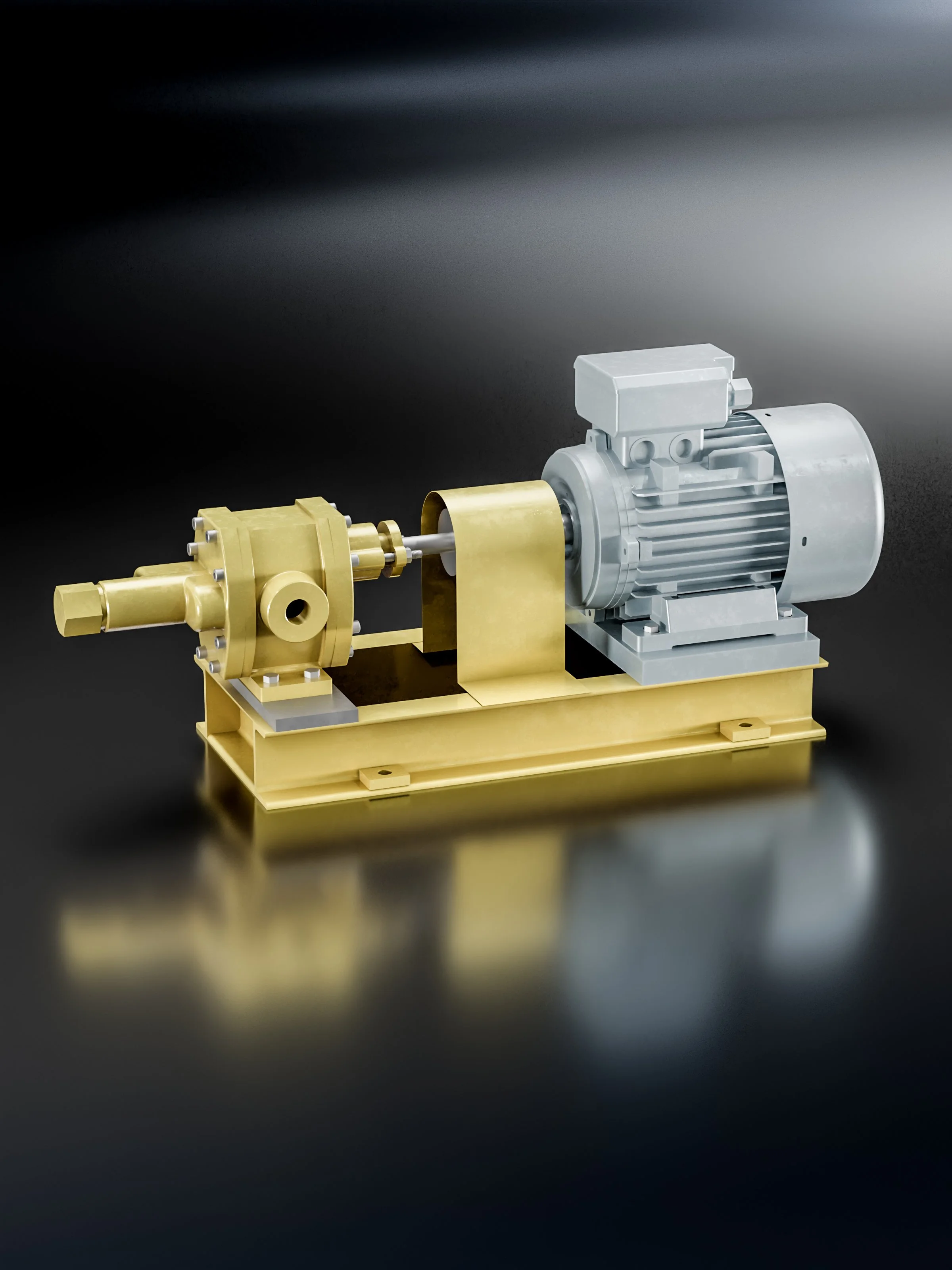 A yellow pump, including a large gray motor and a gold-colored cylindrical part connected to a yellow base, mounted on a black reflective surface with a dark gradient background.