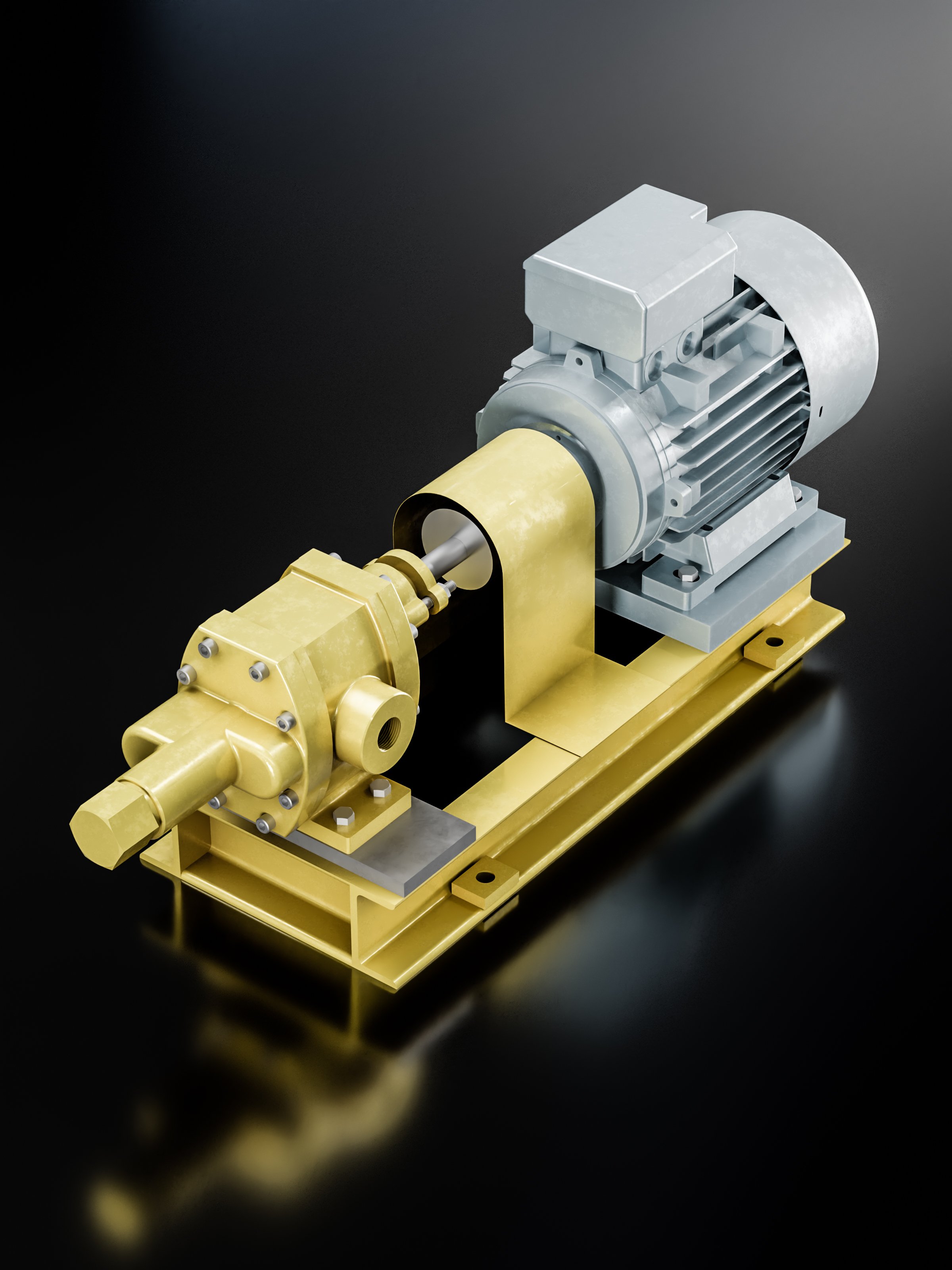 A mechanical device with a yellow base and a gray motor on a black background.