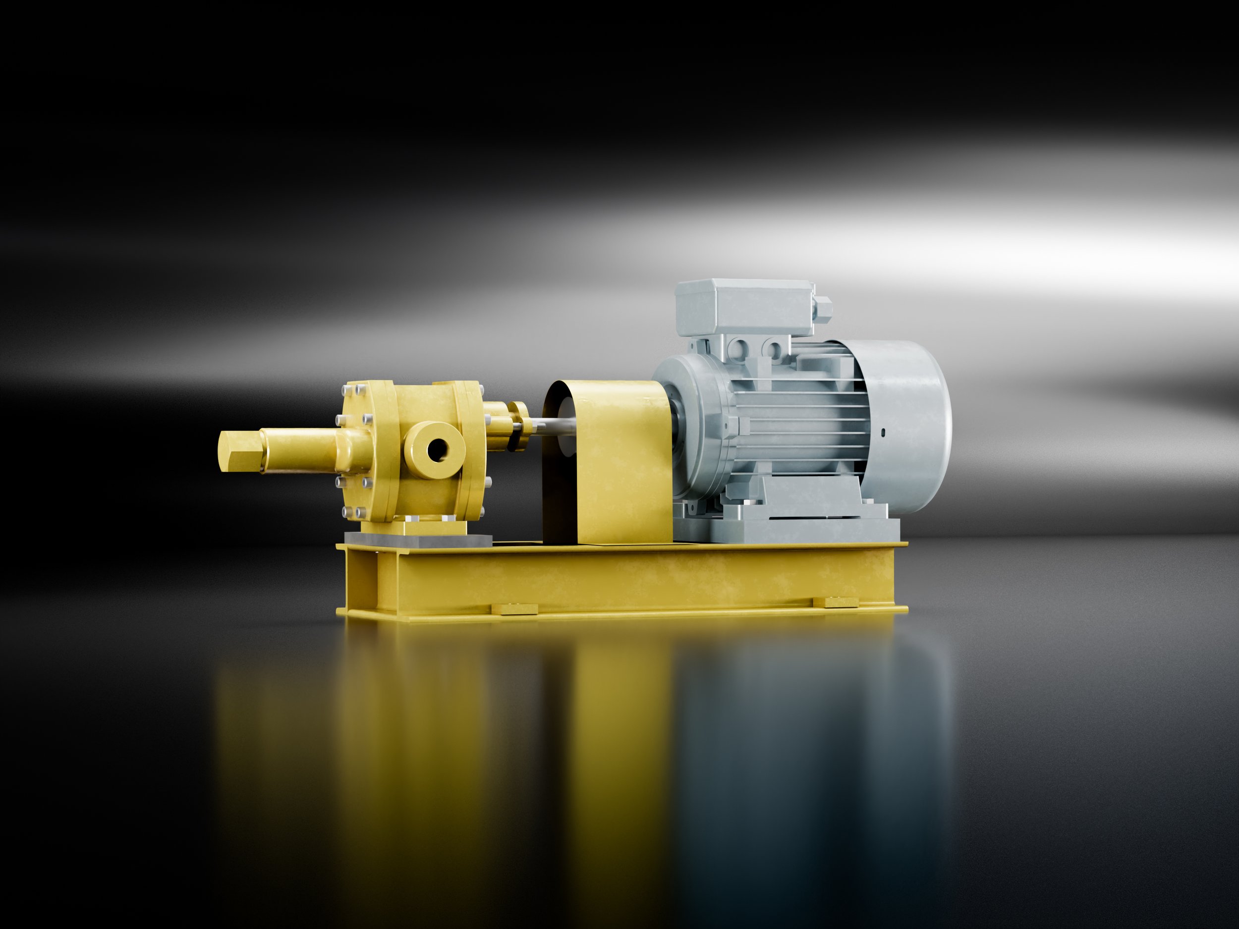 A yellow and gray industrial pump or motor on a reflective black surface, with a spotlight creating a gradient of light behind it.