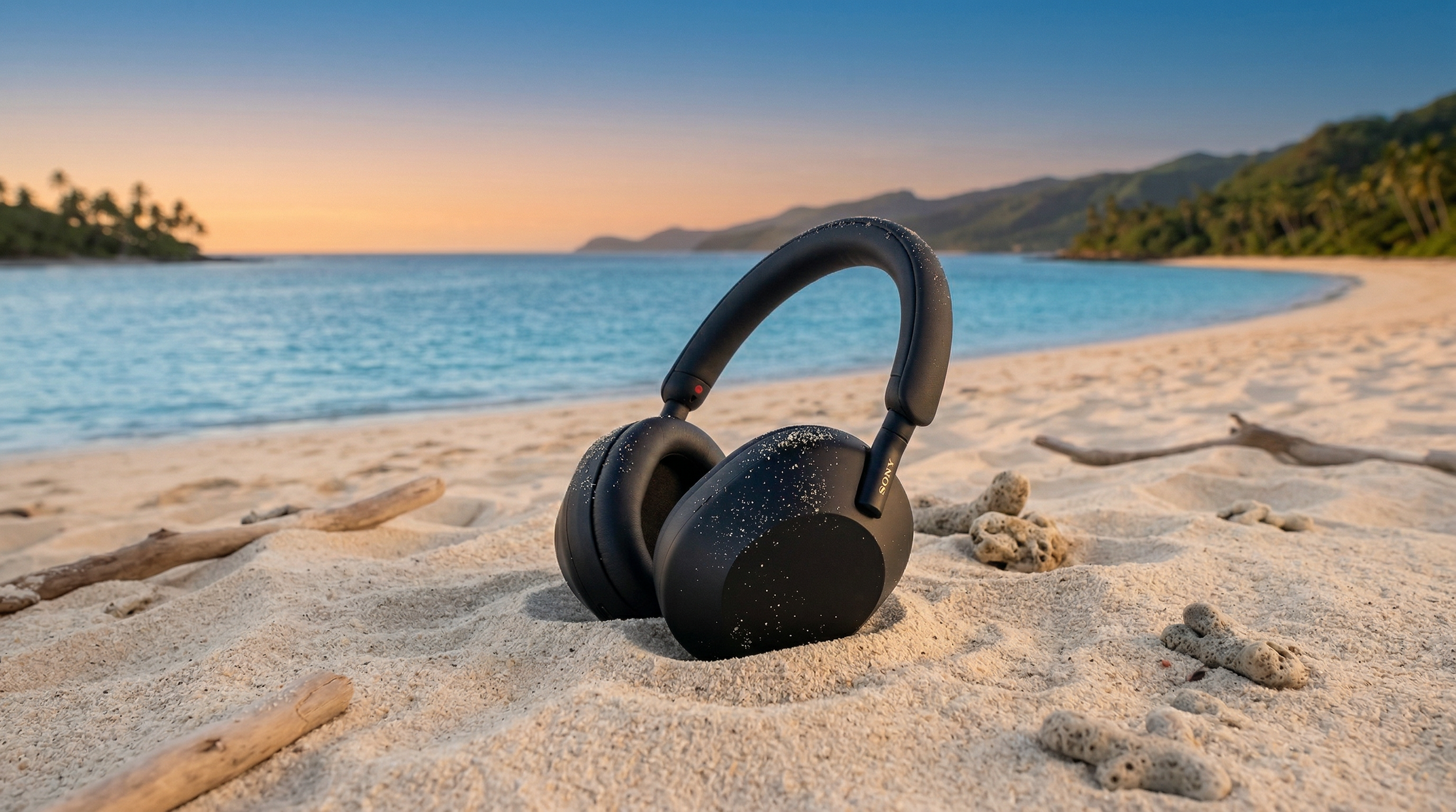 Black Sony over-ear headphones resting on a sandy beach, with gentle turquoise ocean waves and a coastal horizon in the background.