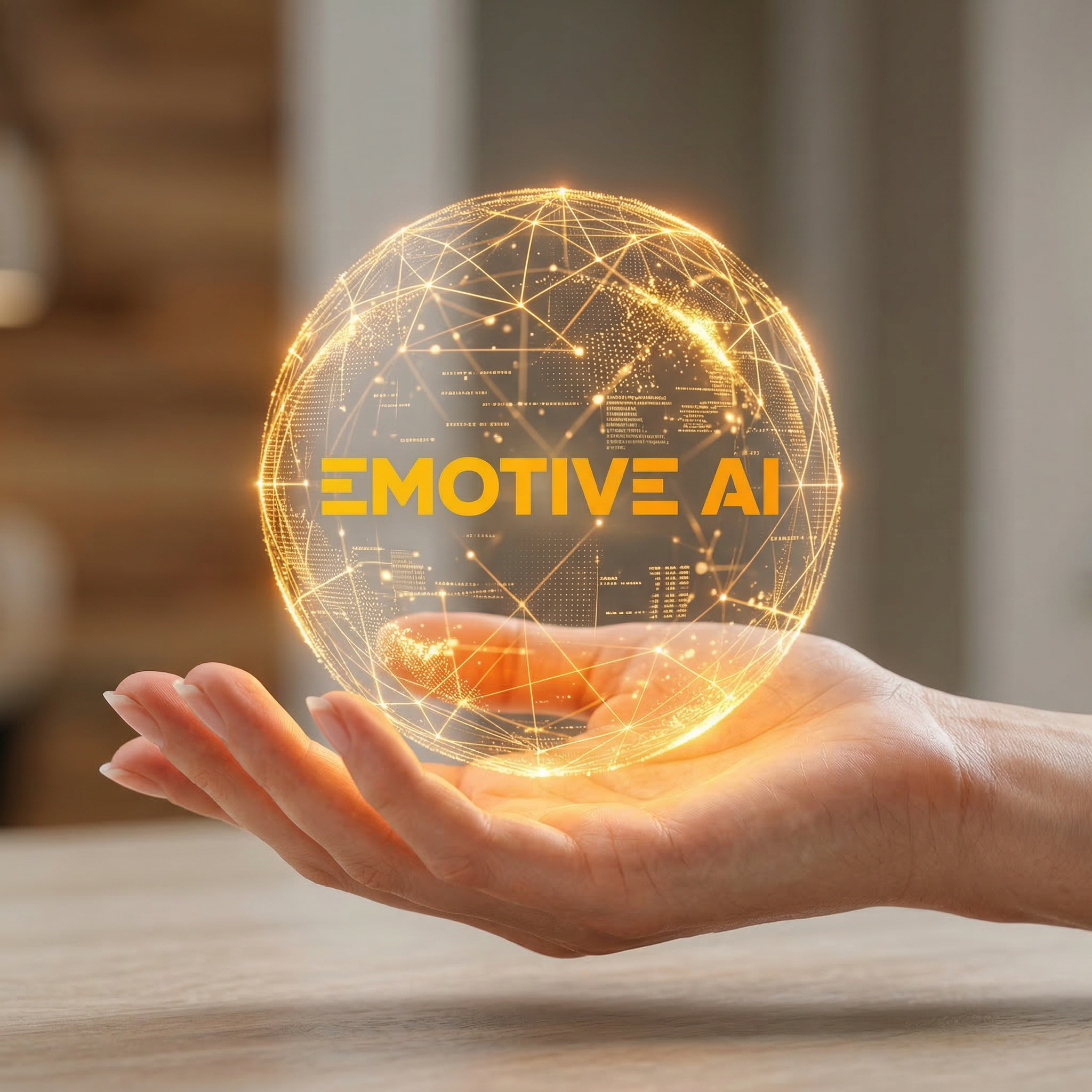 A person's open hand gently cupping a glowing golden digital sphere that holds the text 'EMOTIVE AI' in its centre.