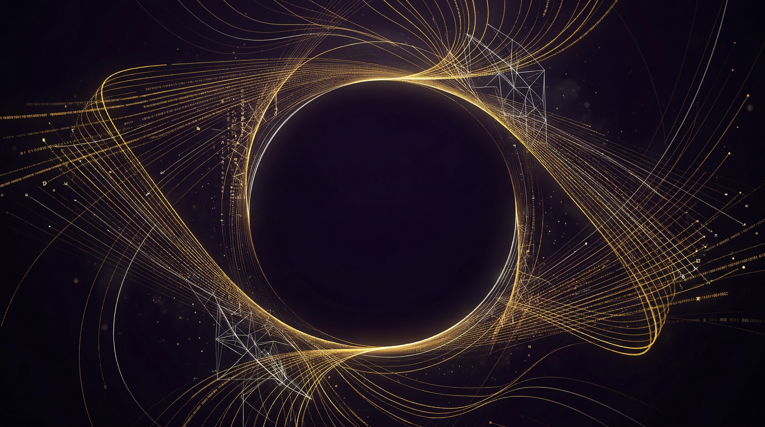 An intricate network of glowing golden lines and geometric patterns forming a circular halo around a dark central void, representing a digital production blueprint.