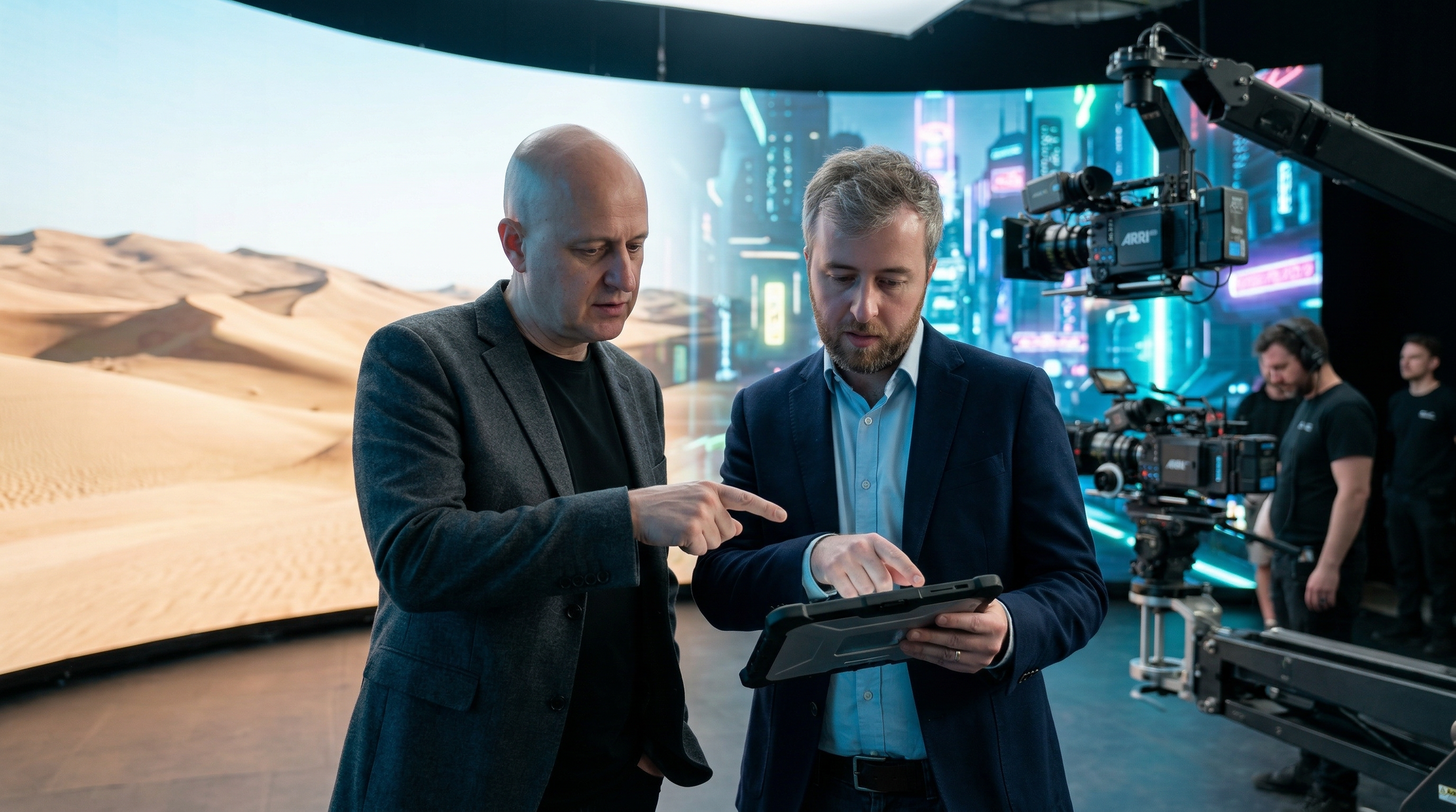 Two men in blazers collaborating over a digital tablet in a virtual production studio with a large cinematic screen in the background.