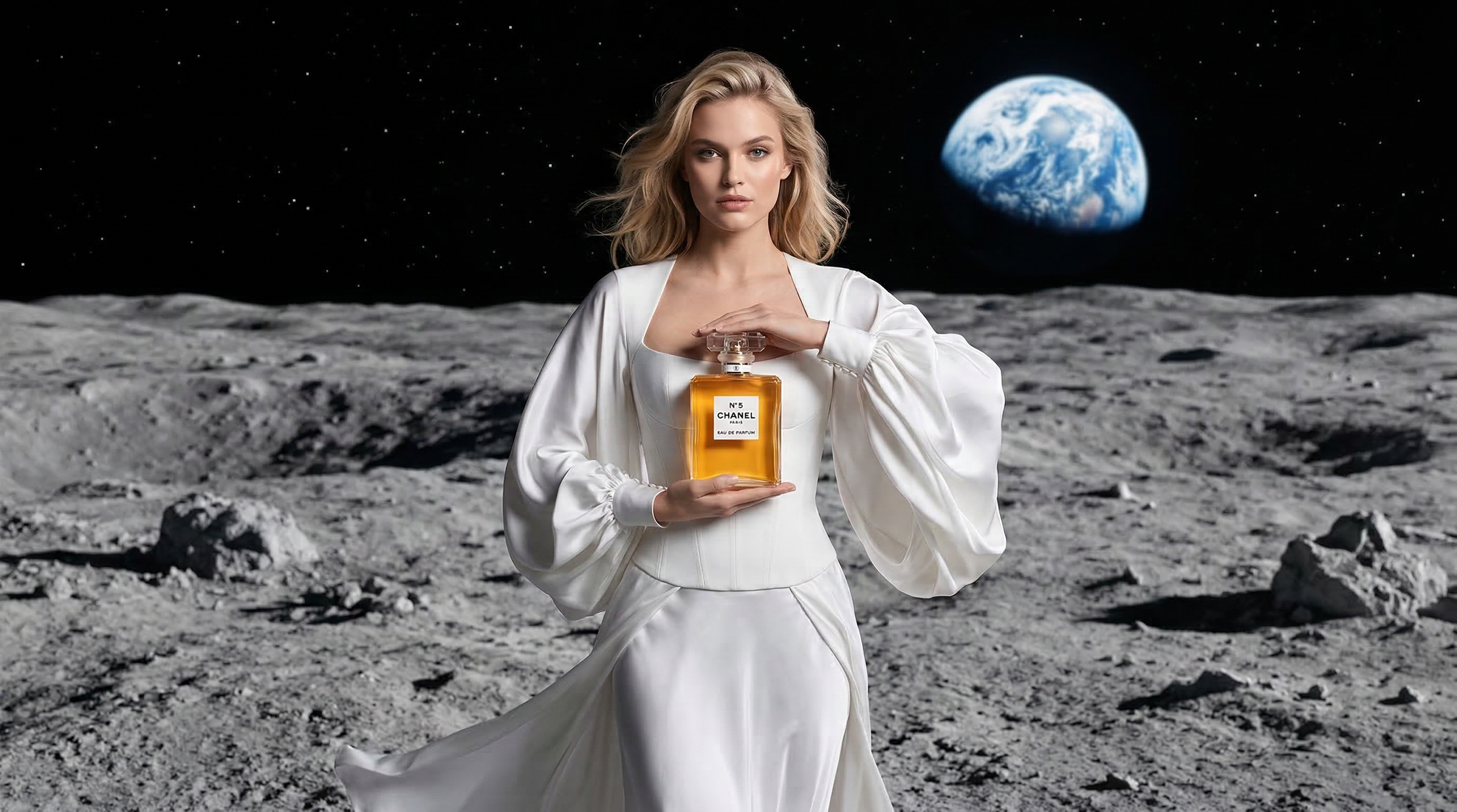 A cinematic AI-generated scene of a woman in a white gown on the lunar surface holding a bottle of Chanel No. 5.