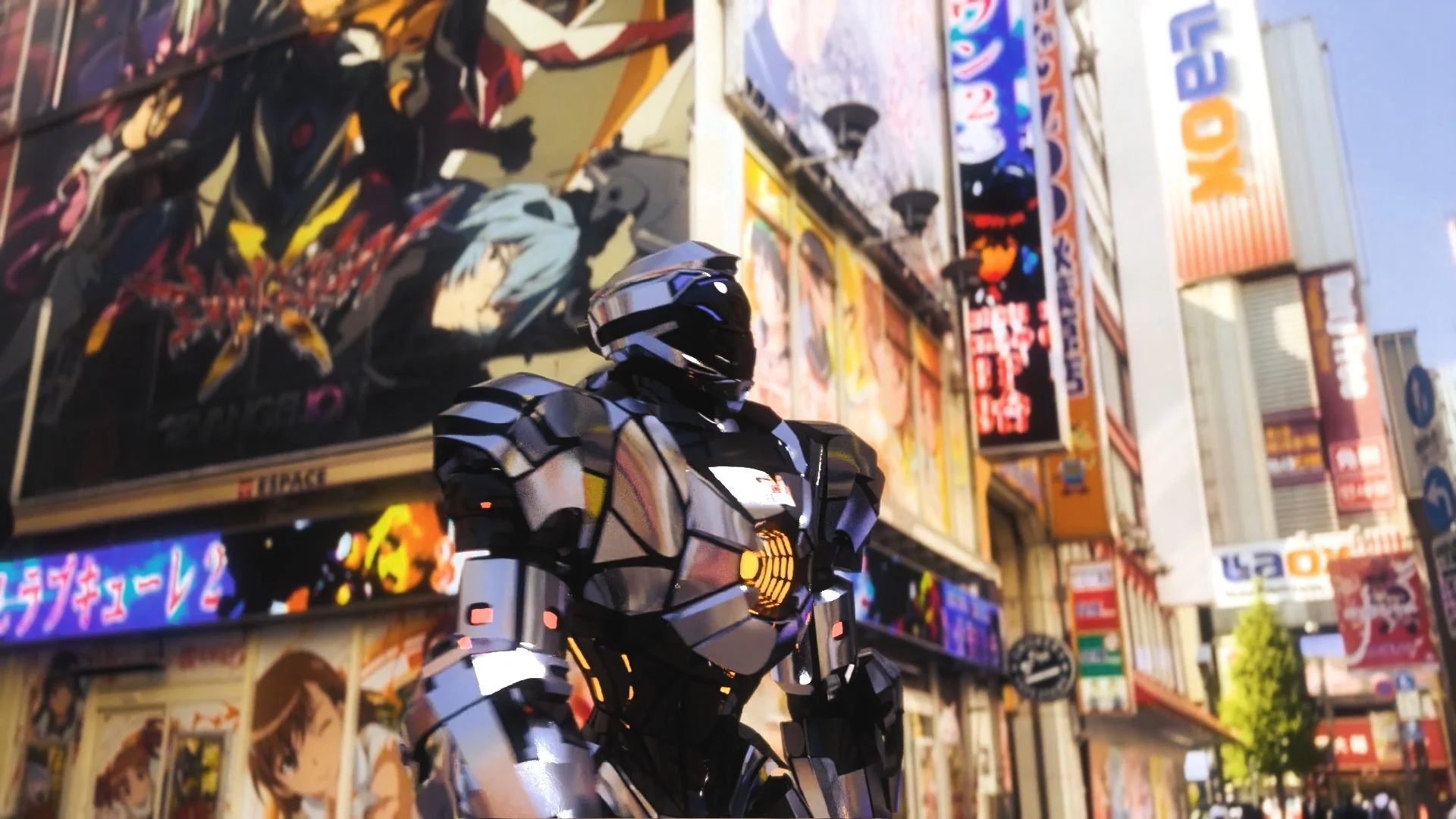 The finished mixed reality scene, showing a large chrome robot integrated seamlessly into the previously filmed city street with professional colour grading.