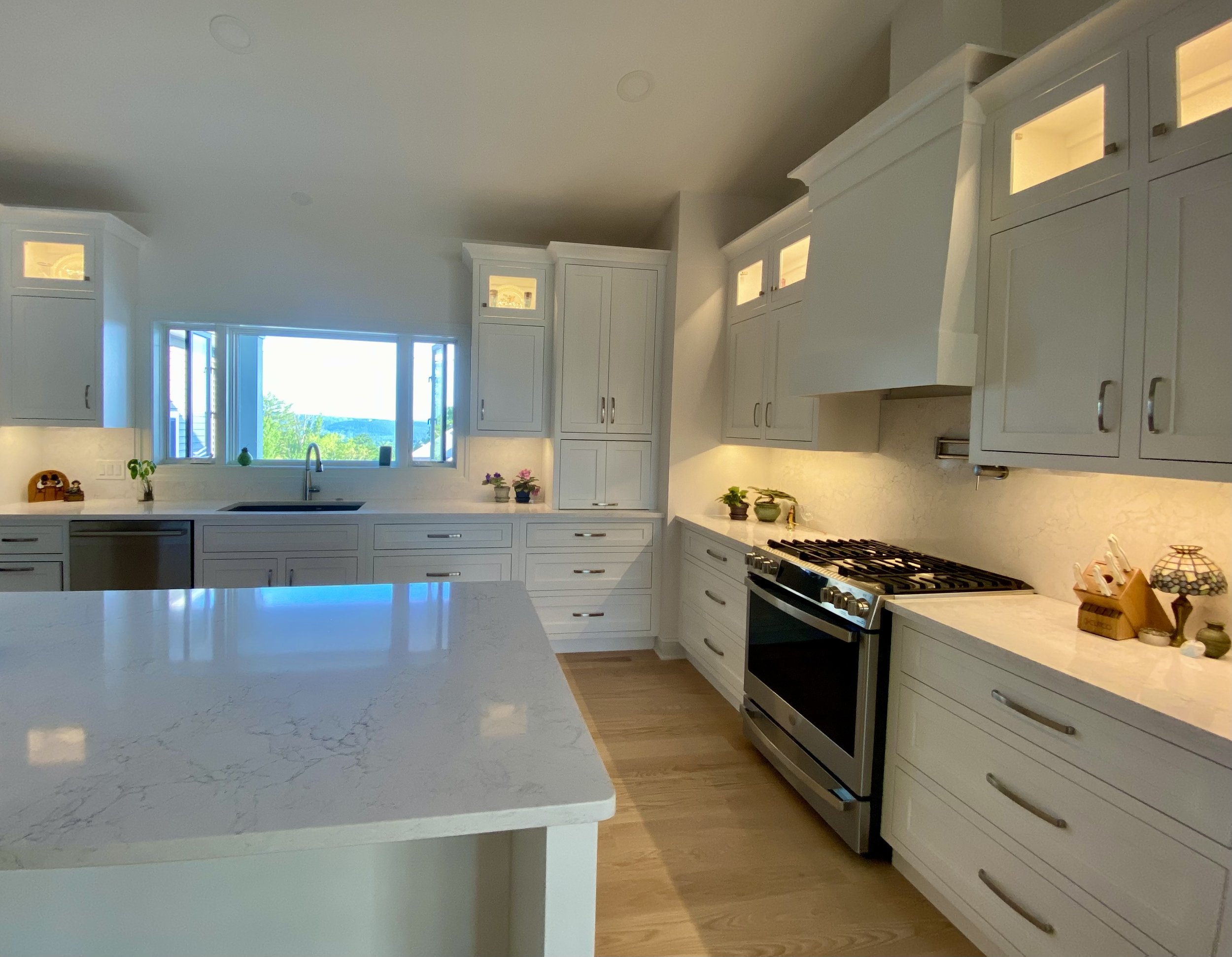 Bright modern kitchen with white cabinetry, a large window with a scenic view, wooden flooring, and a countertop with plants and kitchen items.