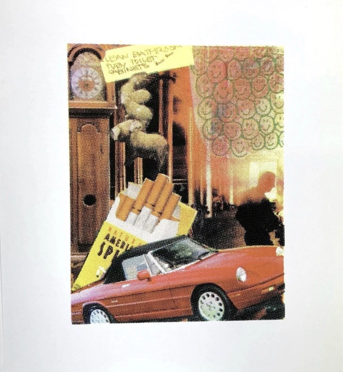 A collage including a red sports car, a cigarette pack, a stand of cigars, and a background with floral patterns and a yellow note on top.