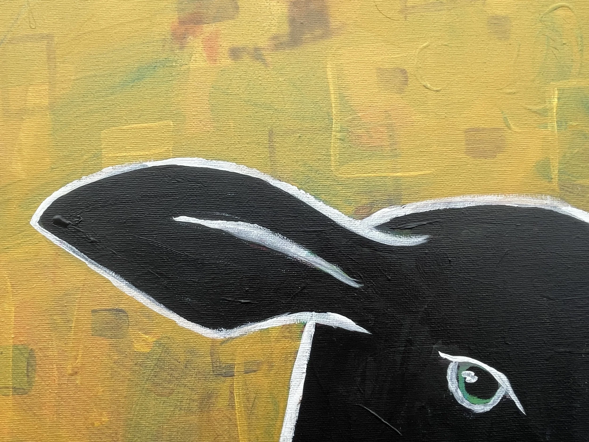 Close-up of a graffiti painting of a black and white animal, likely a wolf or a dog, with a focus on the head and eye, on a colorful background.