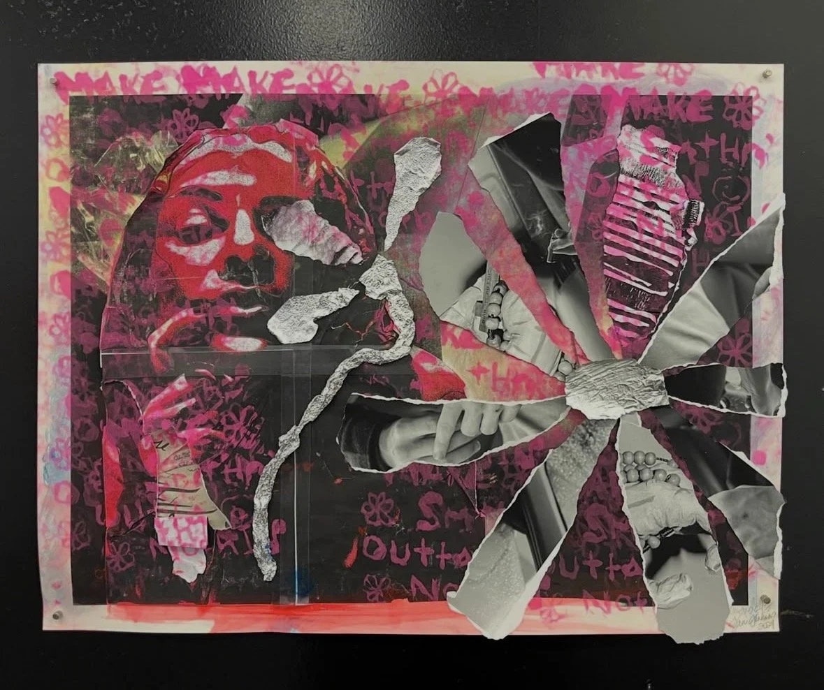 Mixed media collage featuring a black and white photograph of a person, torn paper, pink spray paint, and a large paper butterfly with torn and crumpled edges.