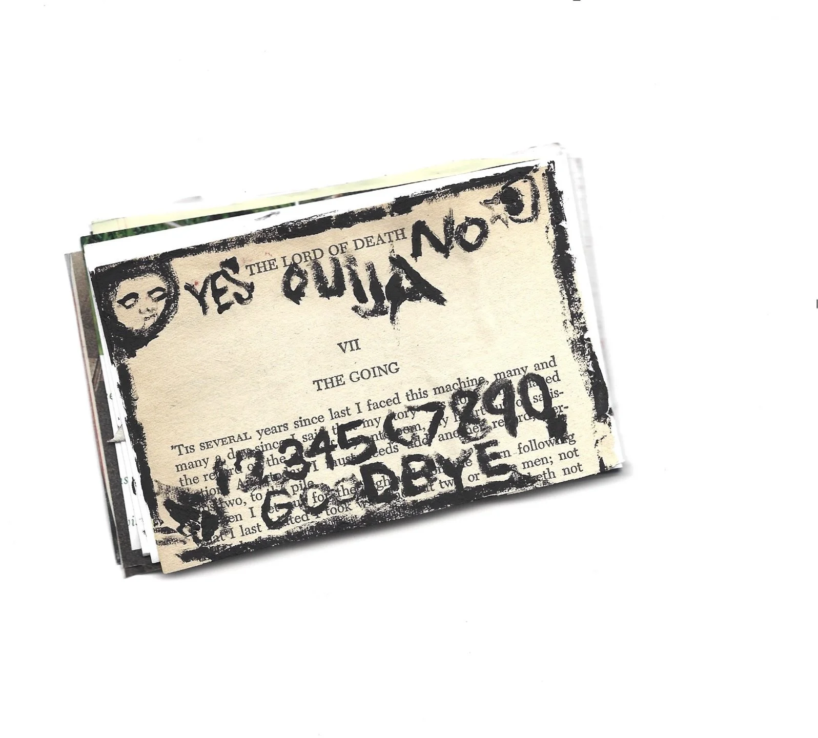 A stack of printed pages with a paper overlay that has handwritten words and doodles, including 'YES' and 'NO' written in black ink, along with a skull drawing.