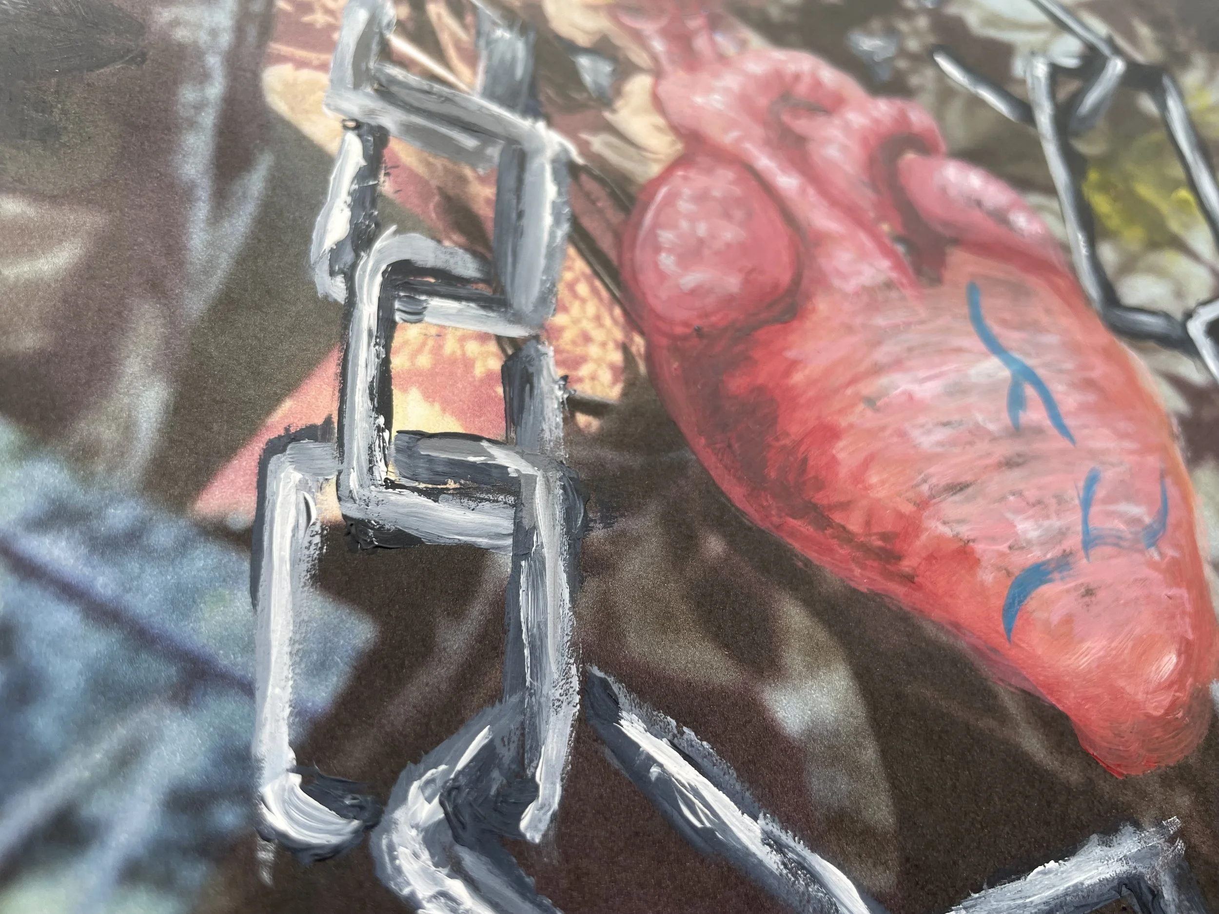 Painting of a red animal with blue markings, possibly a dog, on a brown and multicolored background with painted white outlines of chains.