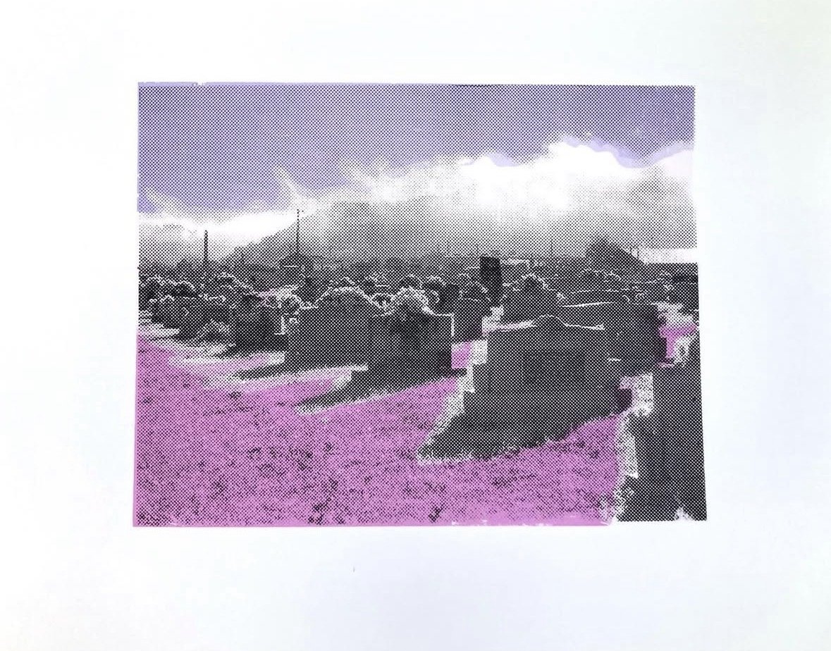 Black and white photo of a cemetery with rows of tombstones and a cloudy sky in the background.