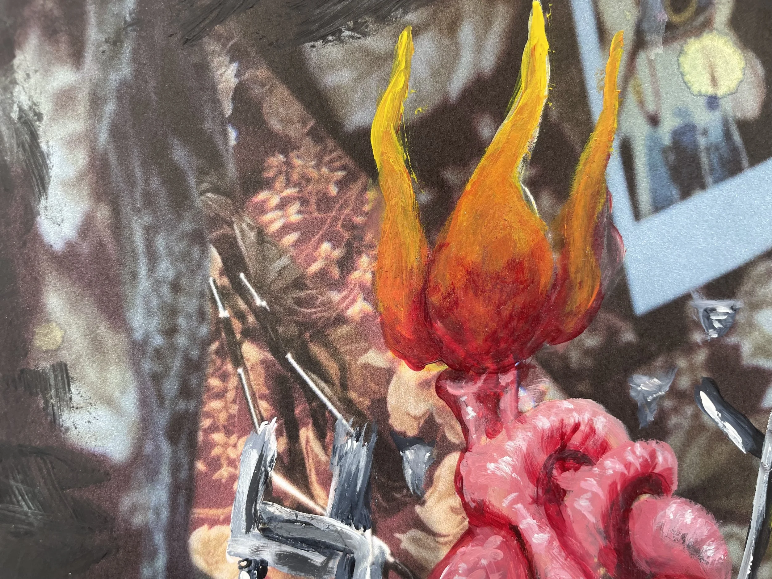 Painting of a flame or fire with a pink, rounded base on a textured background.