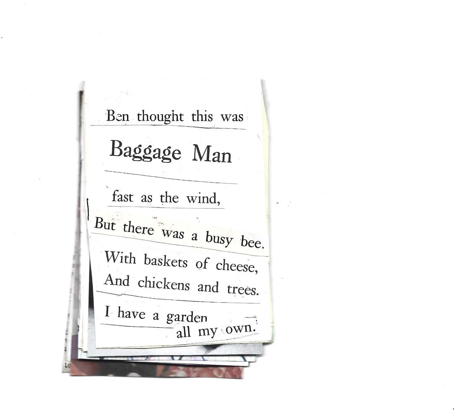 A close-up photograph of a stack of paper with a poem about Baggage Man, featuring some lines that are crooked or at an angle, against a white background.