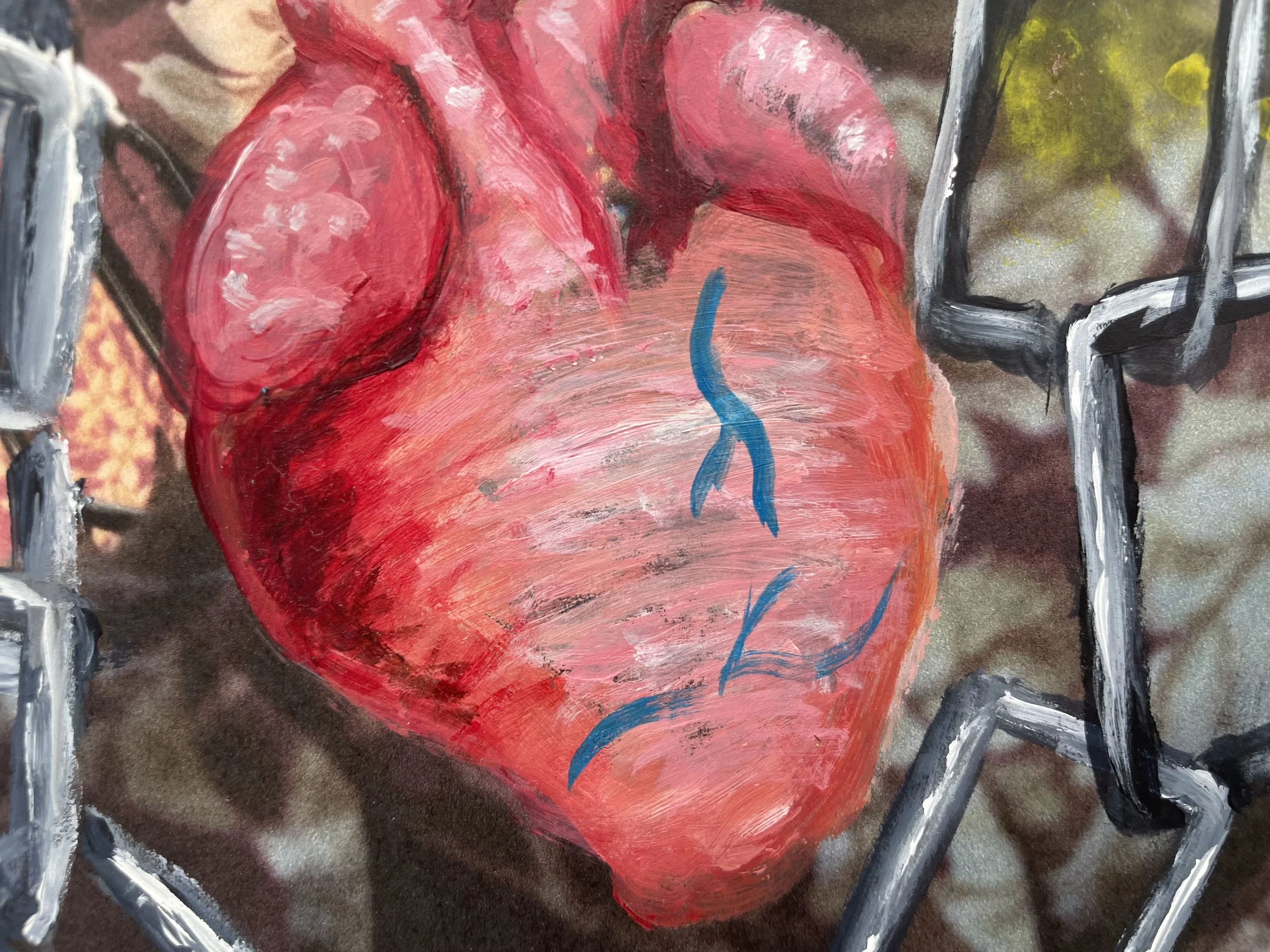 A painted artwork of a human heart with blue veins, surrounded by abstract black and gray structures.