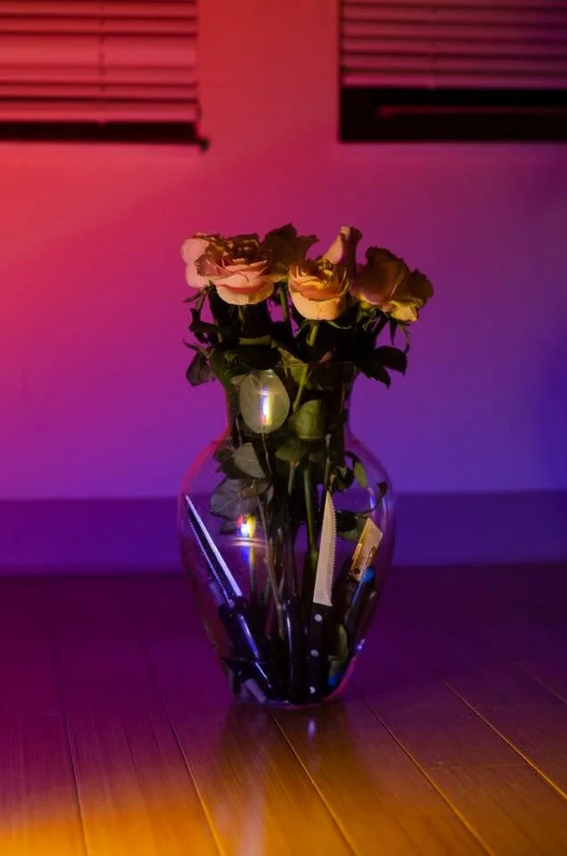 A glass vase with dried roses and some kitchen knives inside, placed on a wooden floor with pink, purple, and blue lighting.