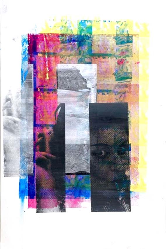 Abstract collage art with rectangles of colorful textures, including a partial black-and-white face and a person holding a phone reflected in the collage.