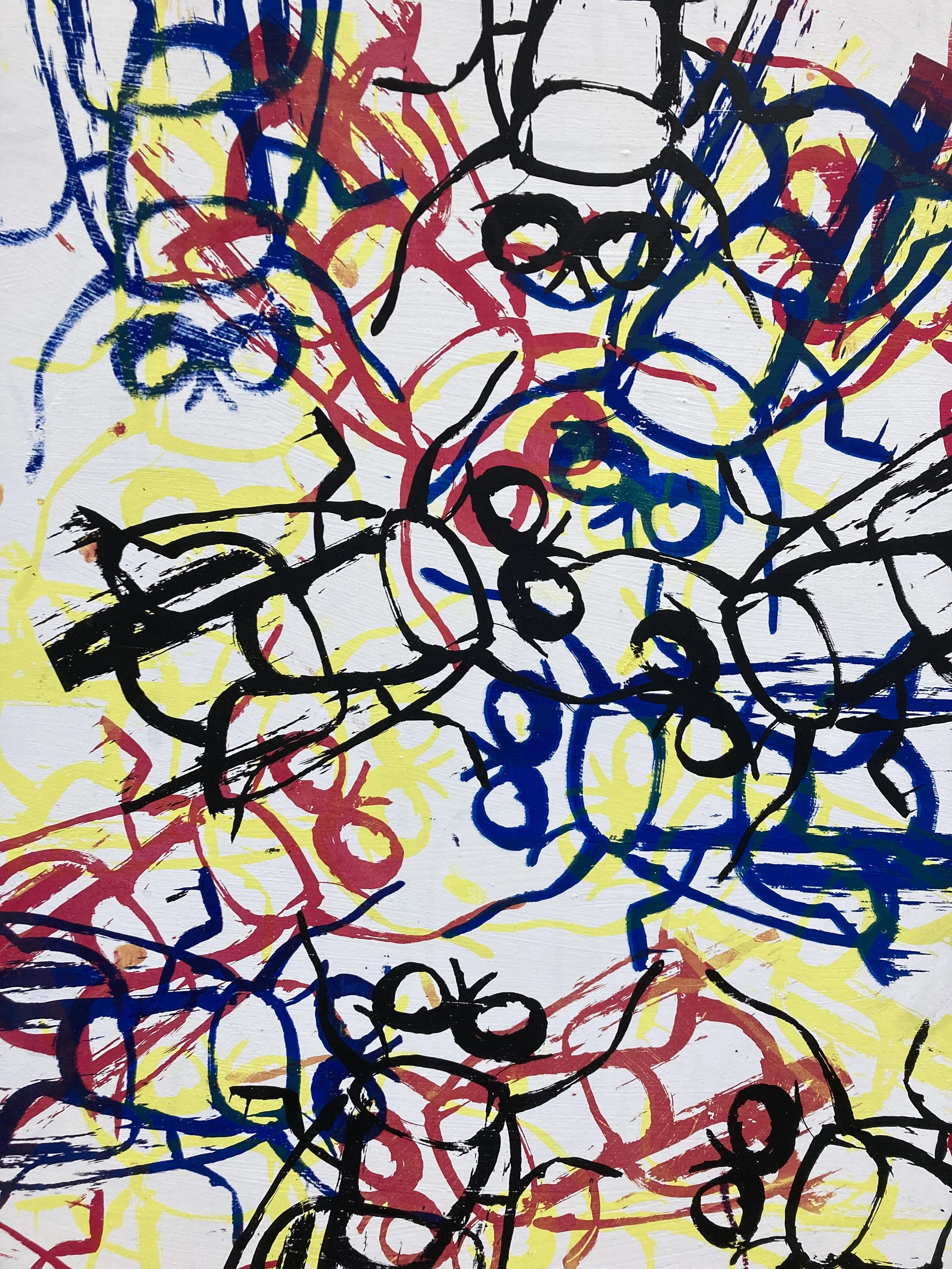 Abstract colorful painting with black, red, yellow, and blue lines and shapes.