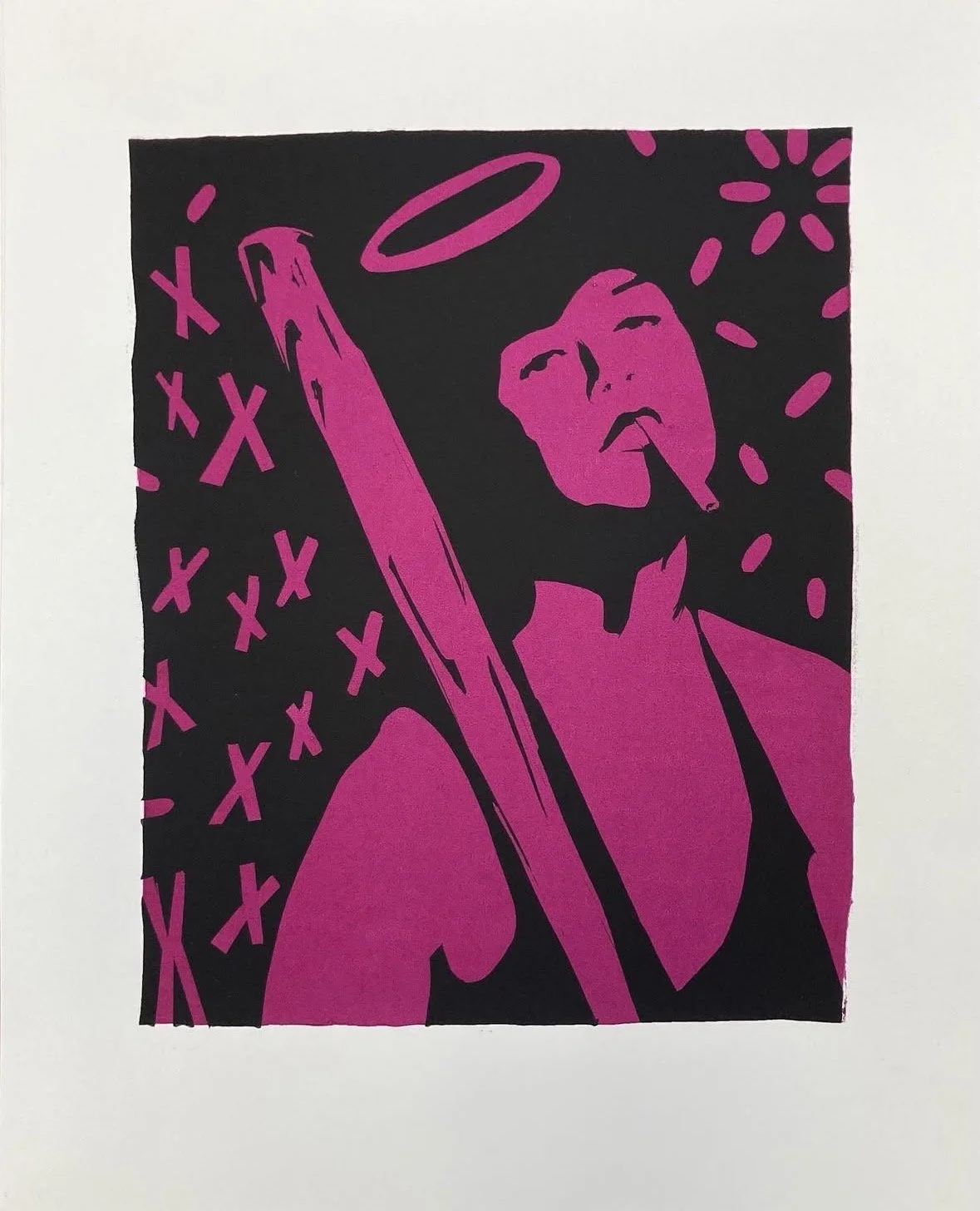 A stylized pink and black illustration of a person with a cigarette in their mouth, a halo above their head, and an angry expression. The background features X and star shapes.