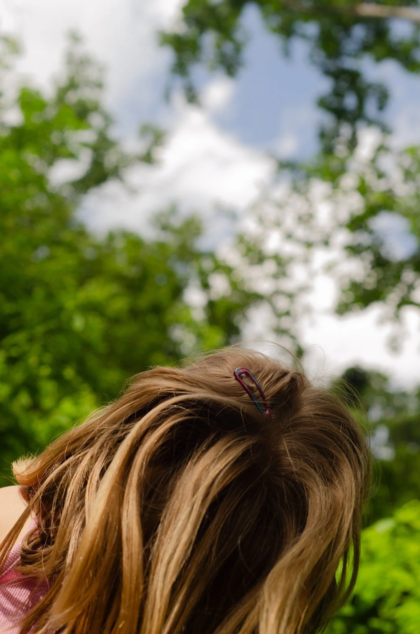 A girl with blonde hair secured with a hair clip, facing downward, outdoors with trees and a cloudy sky in the background.