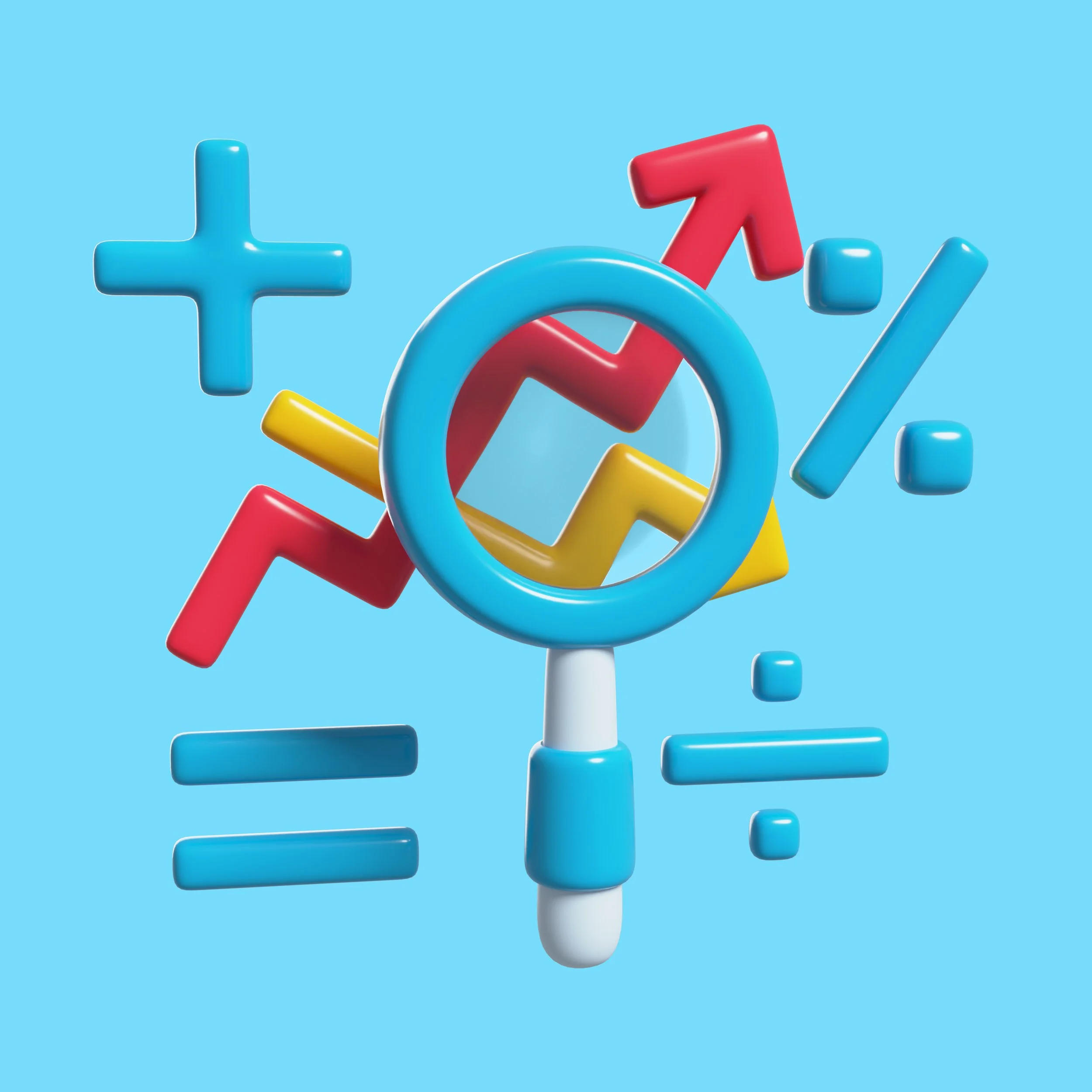 Ilustración con símbolos matemáticos de suma, resta, multiplicación, división, porcentaje, y flechas de colores, con una lupa en el centro.