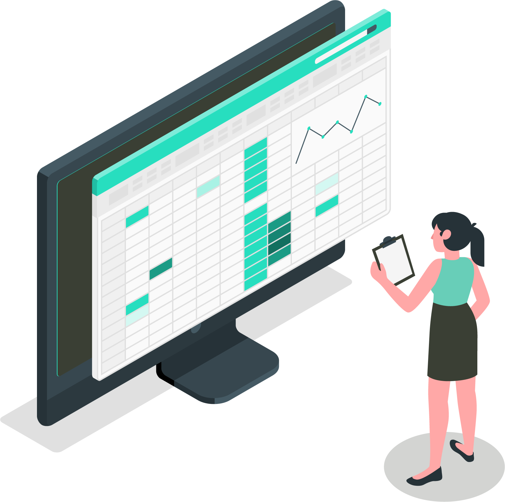 Ilustración de una mujer analizando datos en una pantalla de computadora con gráficos y tablas.