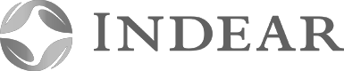Logotipo de INDEAR con símbolo circular y texto en negro