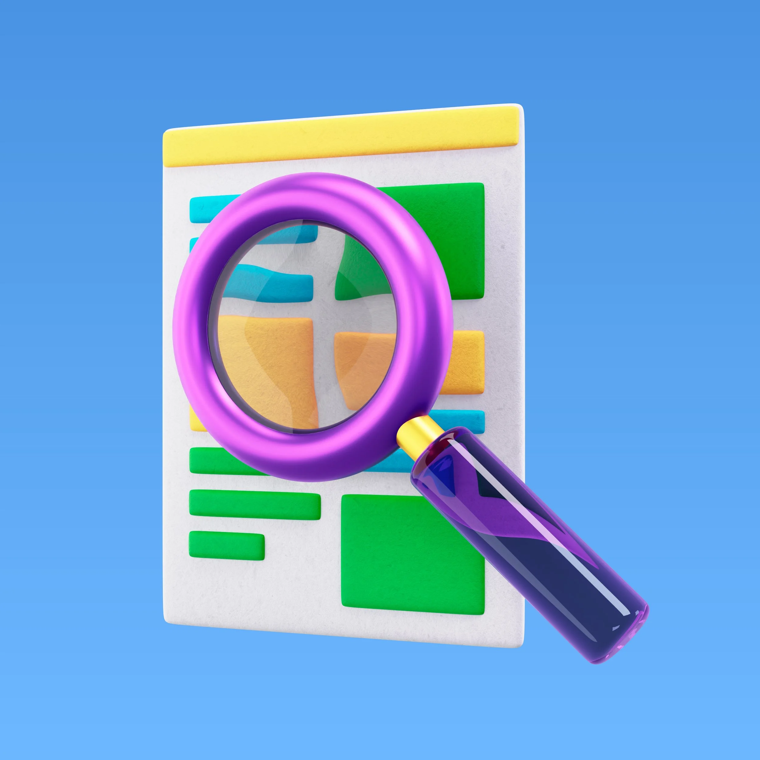 ilustración de una lupa con marco morado y mango en color violeta, enfocando una hoja con formas y colores de bloques de construcción en fondo azul.