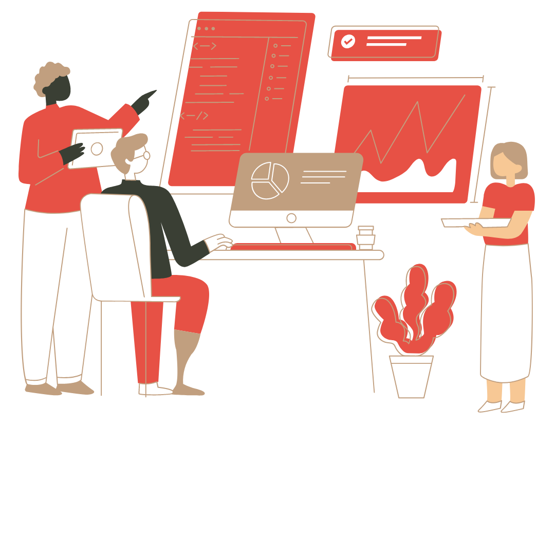 Ilustración de personas en una oficina analizando datos y gráficos en pantallas, con gráficos de líneas y diagramas de pastel.