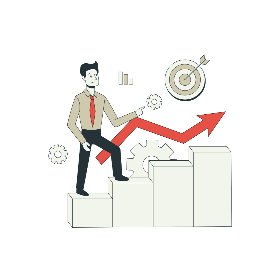 Ilustración de un hombre de negocios en zapatos de vestir escalando una serie de pasos, con gráficos y engranajes alrededor, señalando una flecha ascendente y un objetivo de diana con flecha, representando crecimiento empresarial y éxito.