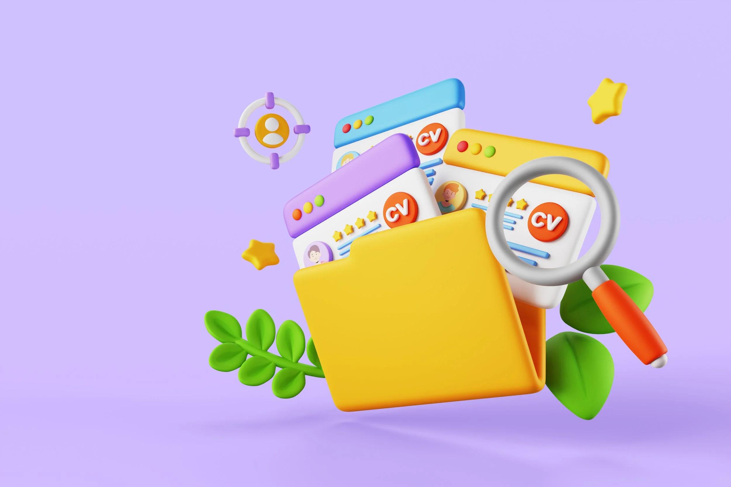 Ilustración digital de varias ventanas de perfil de candidatos con una lupa, una flor, pequeñas estrellas y un icono de usuario en un fondo color lavanda.