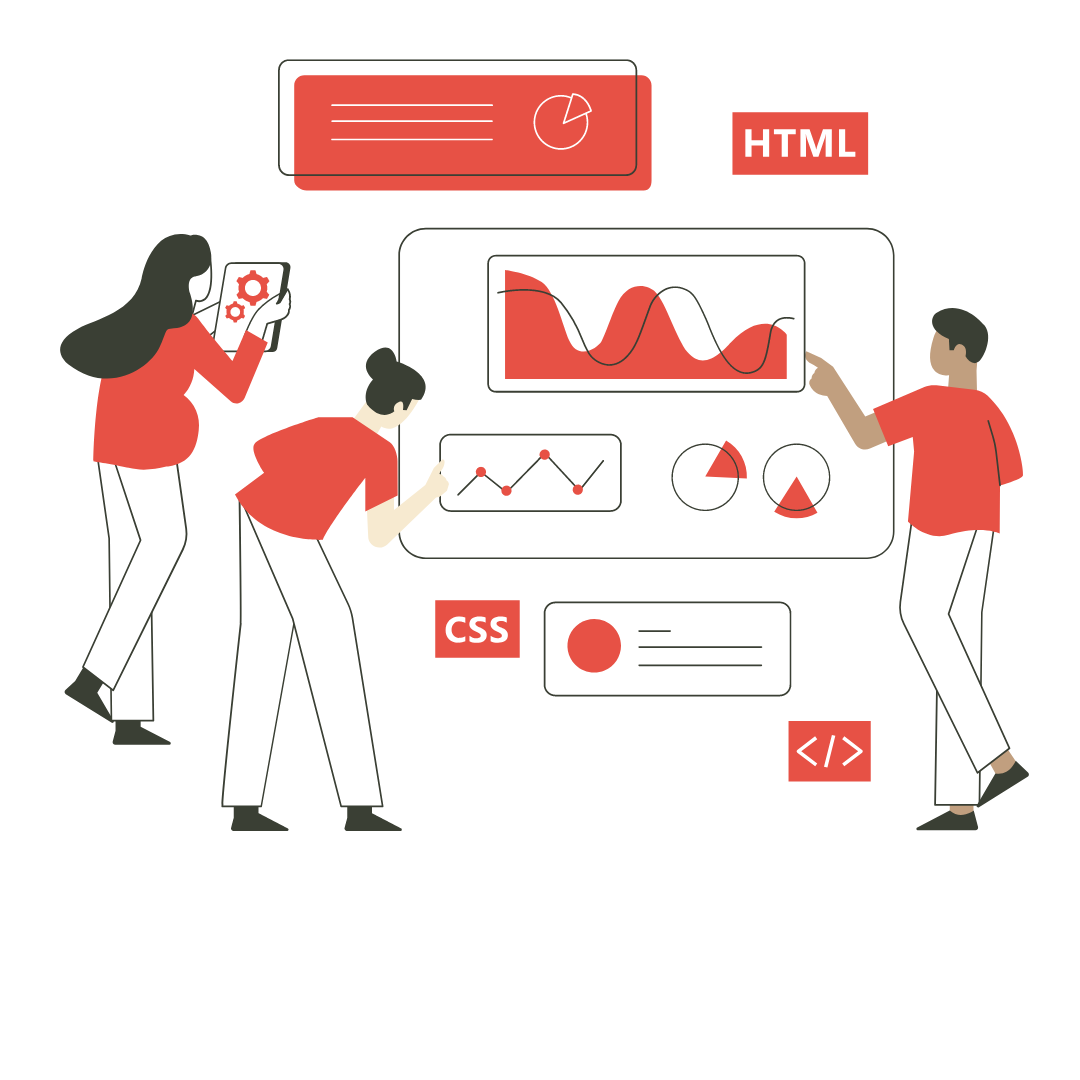 Ilustración de tres personas analizando gráficos y datos en una pantalla, con iconos de HTML, CSS y código, representando trabajo en desarrollo web y análisis de datos.