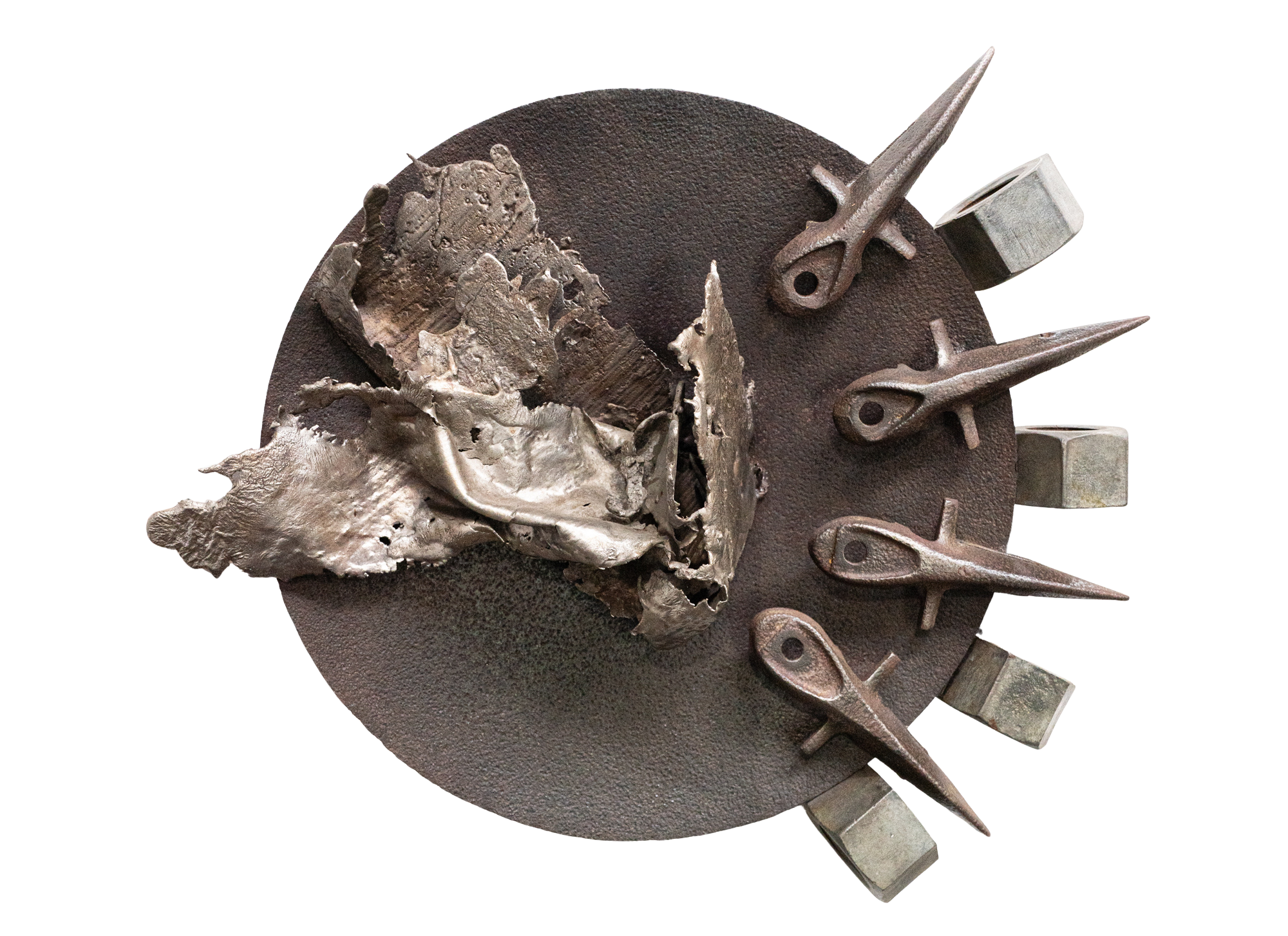 Navigator - Inspired by looking for direction. Welded steel, cast stainless steel. 21” x 21” x 6”. 1995