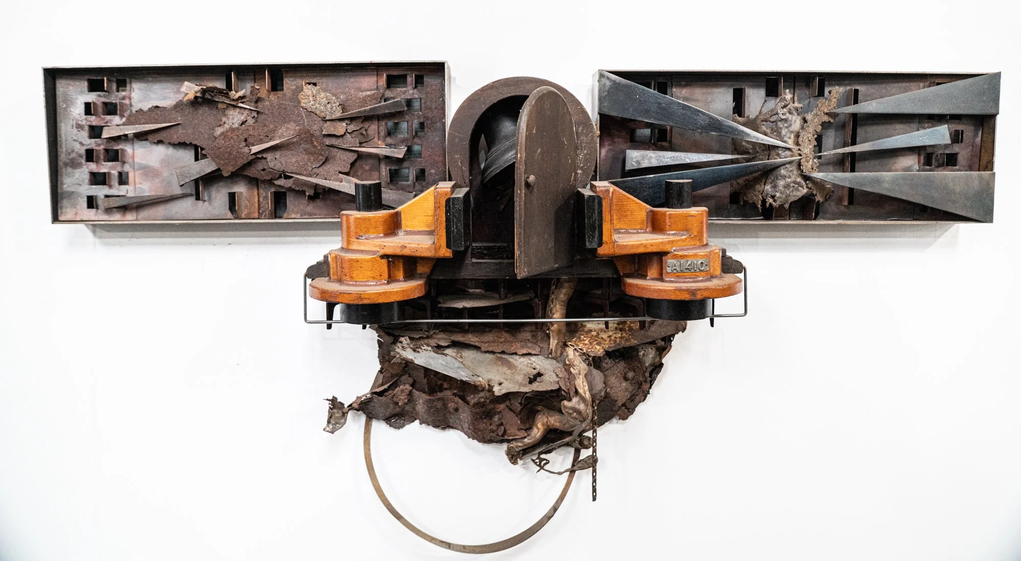 Subjective Encounter - Inspired by encounters based on or influenced by personal feelings or emotions. Welded steel, cast stainless steel, wood patterns, bronze, vintage clock cabinet. 3 piece wall sculpture. 3’ x 4’ x12” 1990. 