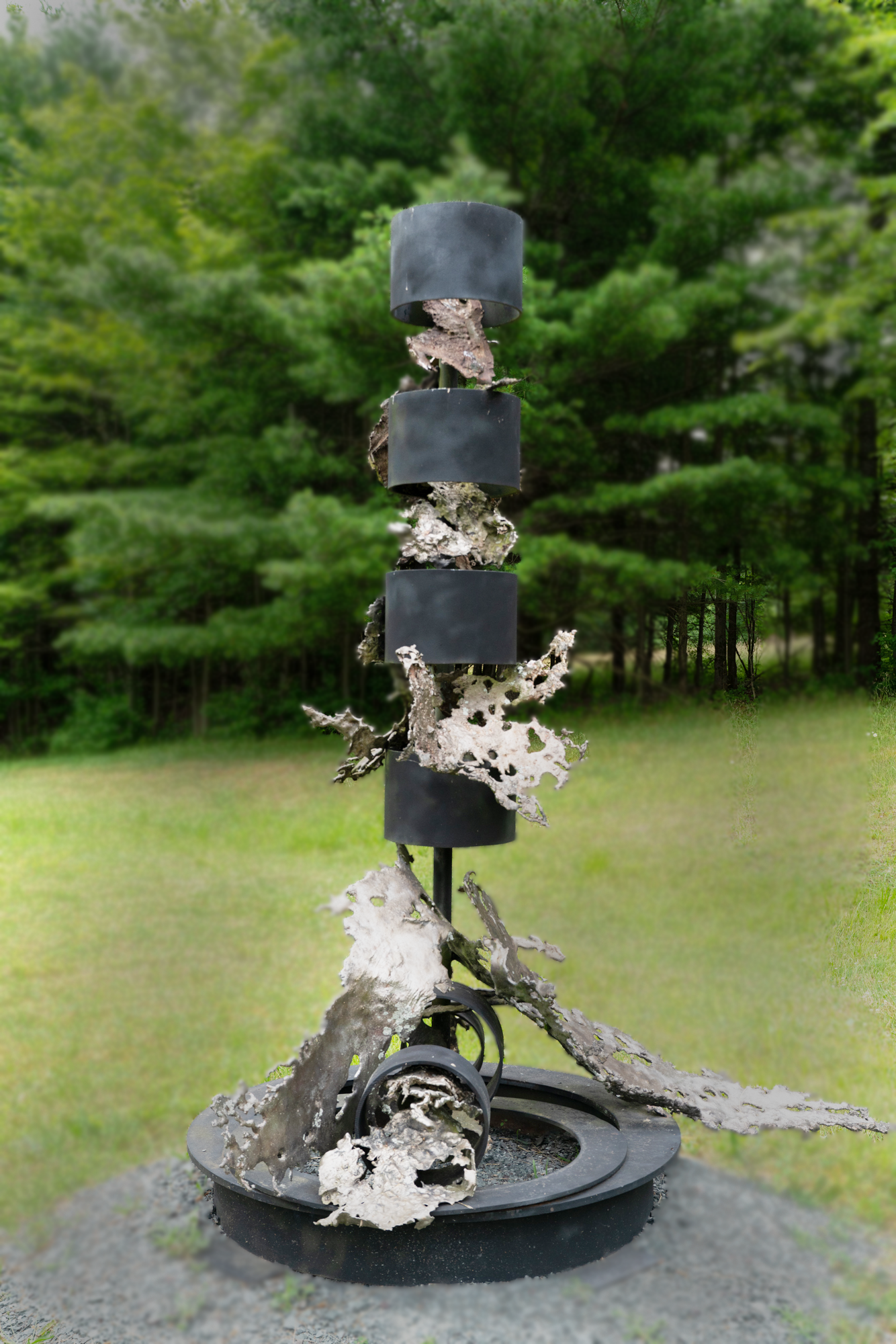 Artesian Muse - The inspiration for the work comes from a deep appreciation for water, particularly the form and motion of waterfalls.  Welded steel, cast stainless steel. 88” x 77” x 66”. 1995