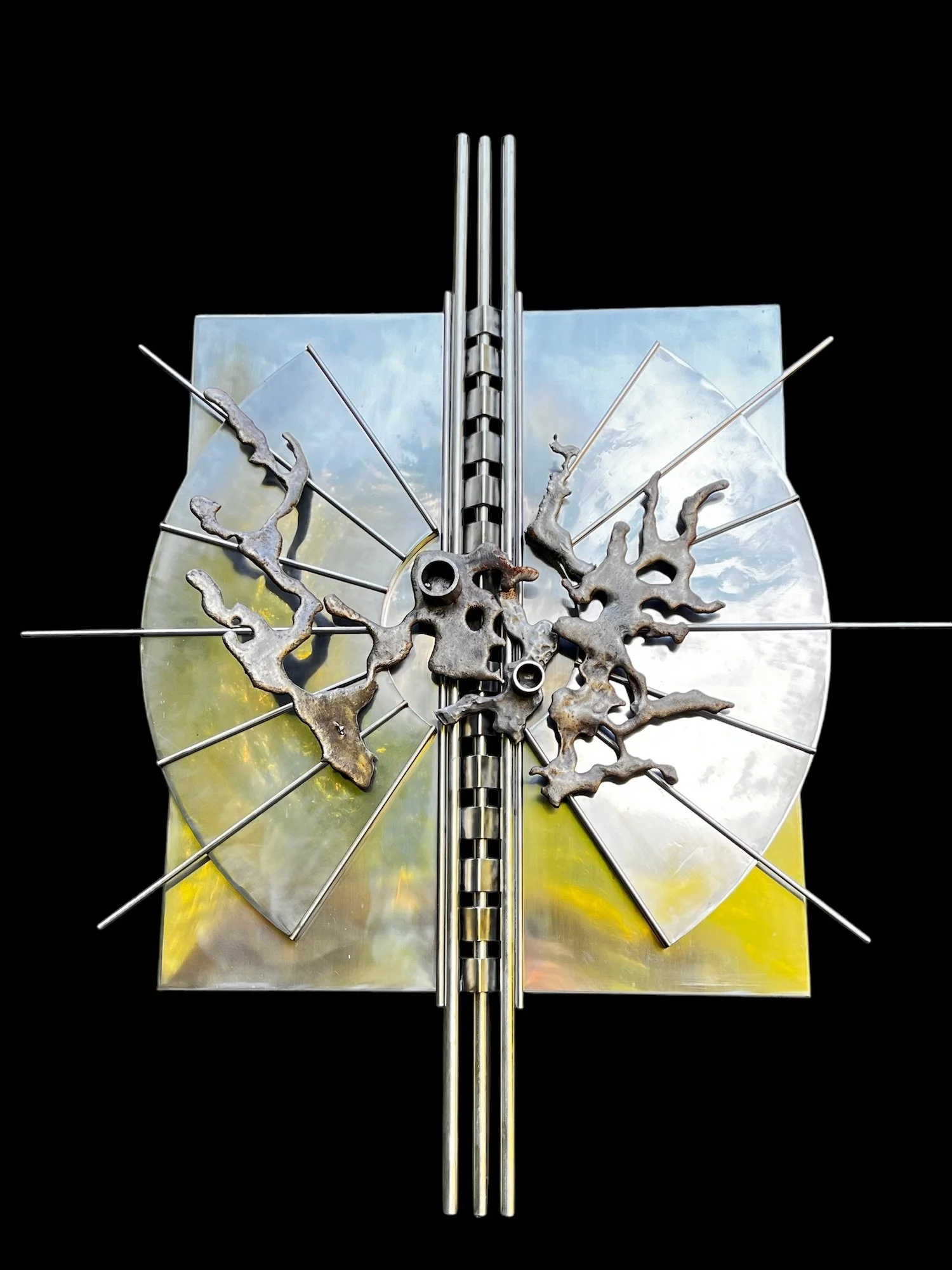 Visionary Burst - Inspired by an intense surge of innovation or creative insight. Welded stainless steel. 6’ x 5’ x 8” 1987