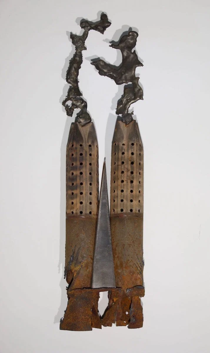 Transmit - Inspired by the spread of infection during the covid outbreak of 2020. Repurposed muffler pipes, cast stainless steel, welded steel. (from the Covid series) 25” x 7” x 3.5” 2020. 