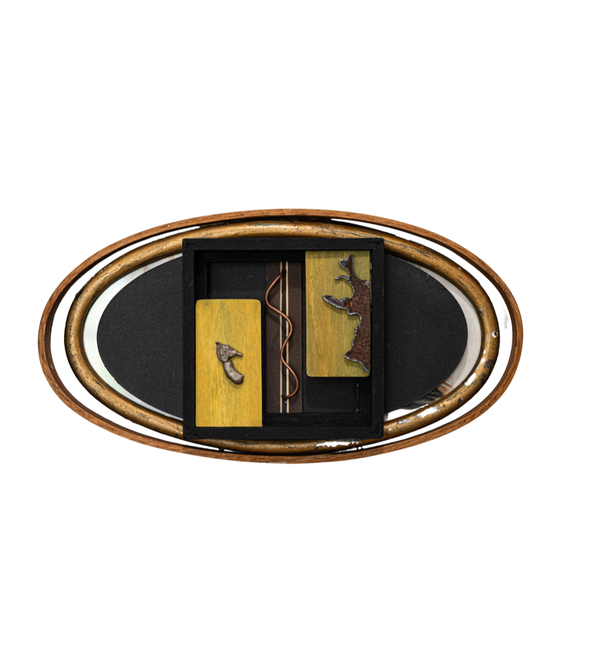 Junction - A study inspired by the place where two or more things intersect. Oval frames, matt board, plasma cut steel. 5” x 9” x 1”. 2023