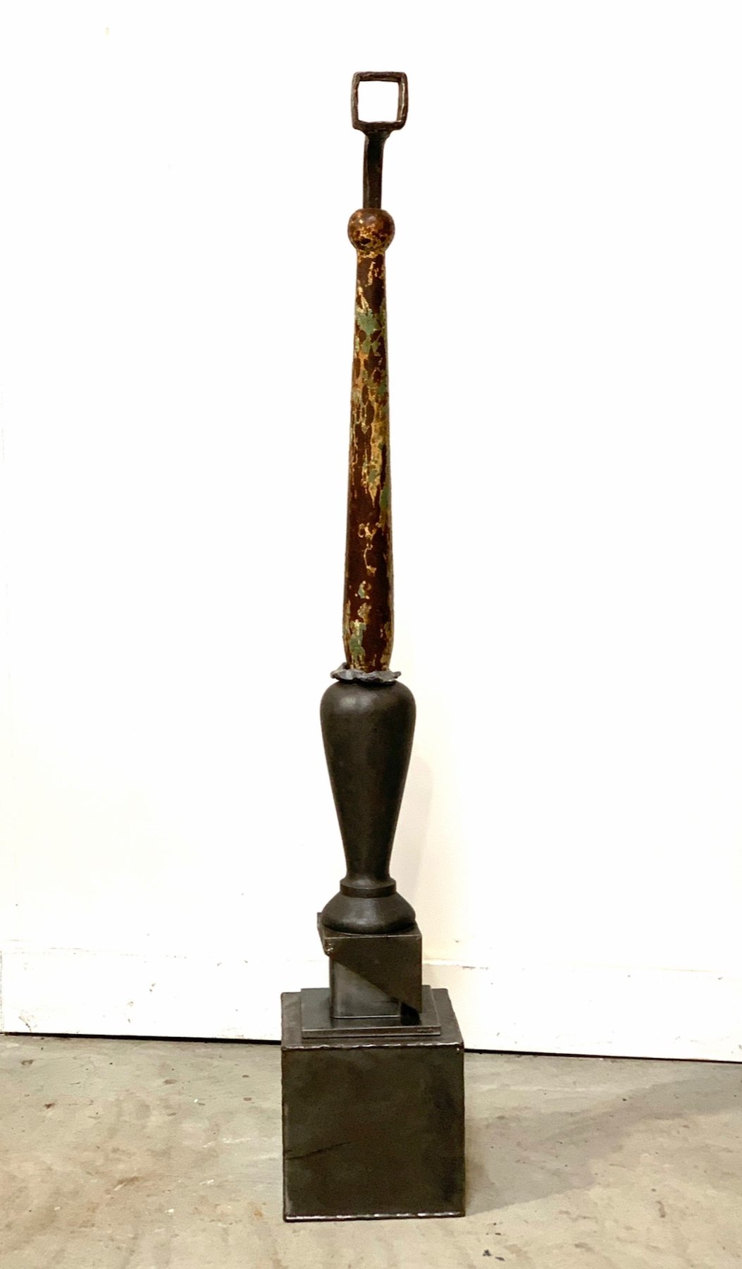Seeker - Inspired by the idea of searching to obtain truth or knowledge. Welded steel, lead, vintage metal post. 56.25” x 9” x 9”. 2021