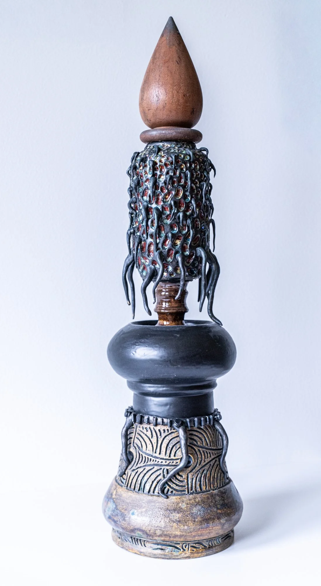 CT/V1 Drip Ooze Combo Clay Totem Vessel - Intuitively assembled. Carved clay section,epoxy clay, transistors, wood ring & finial. 24” x 6.5” x 6.5”. 2020