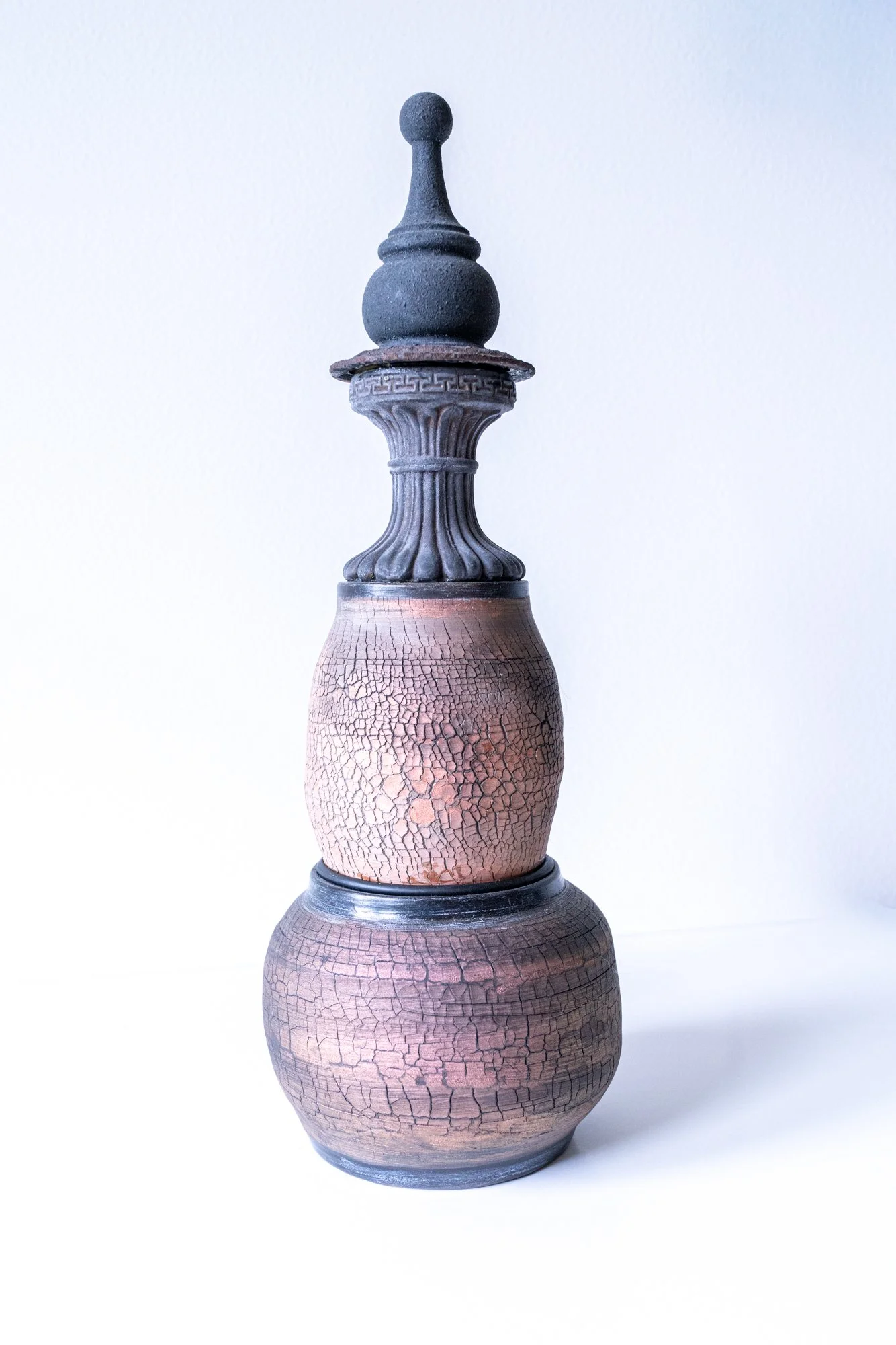CT/V5 - (Clay Totem Vessel #5) Elite Totem - Intuitively assembled Two crackle technique thrown pots, cast metal collar and finial. 16.25” x 6” x6” 2020