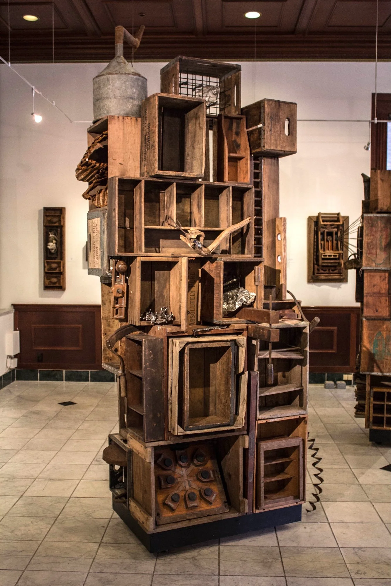 Box Tower I - Inspired by my desire to save and repurpose vintage wooden boxes that were salvaged from numerous local barns. - Two of these Box Towers were displayed at the Albany Center Gallery in a solo 
exhibition of my work. - Curator - Jackie We
