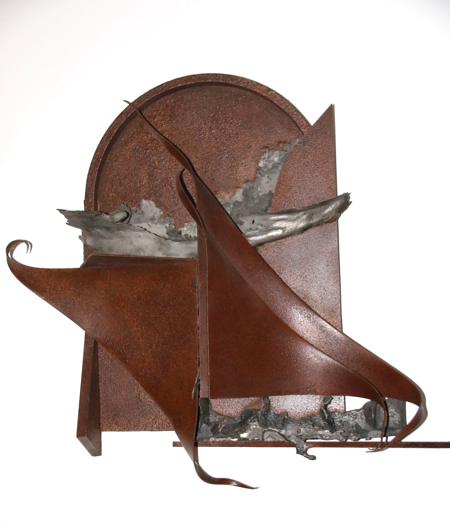 Windscape - Inspired by the force of wind on land and water. Cast stainless steel, welded steel. 21.5” x 22” x 5.5” 1981. (in a private collection)