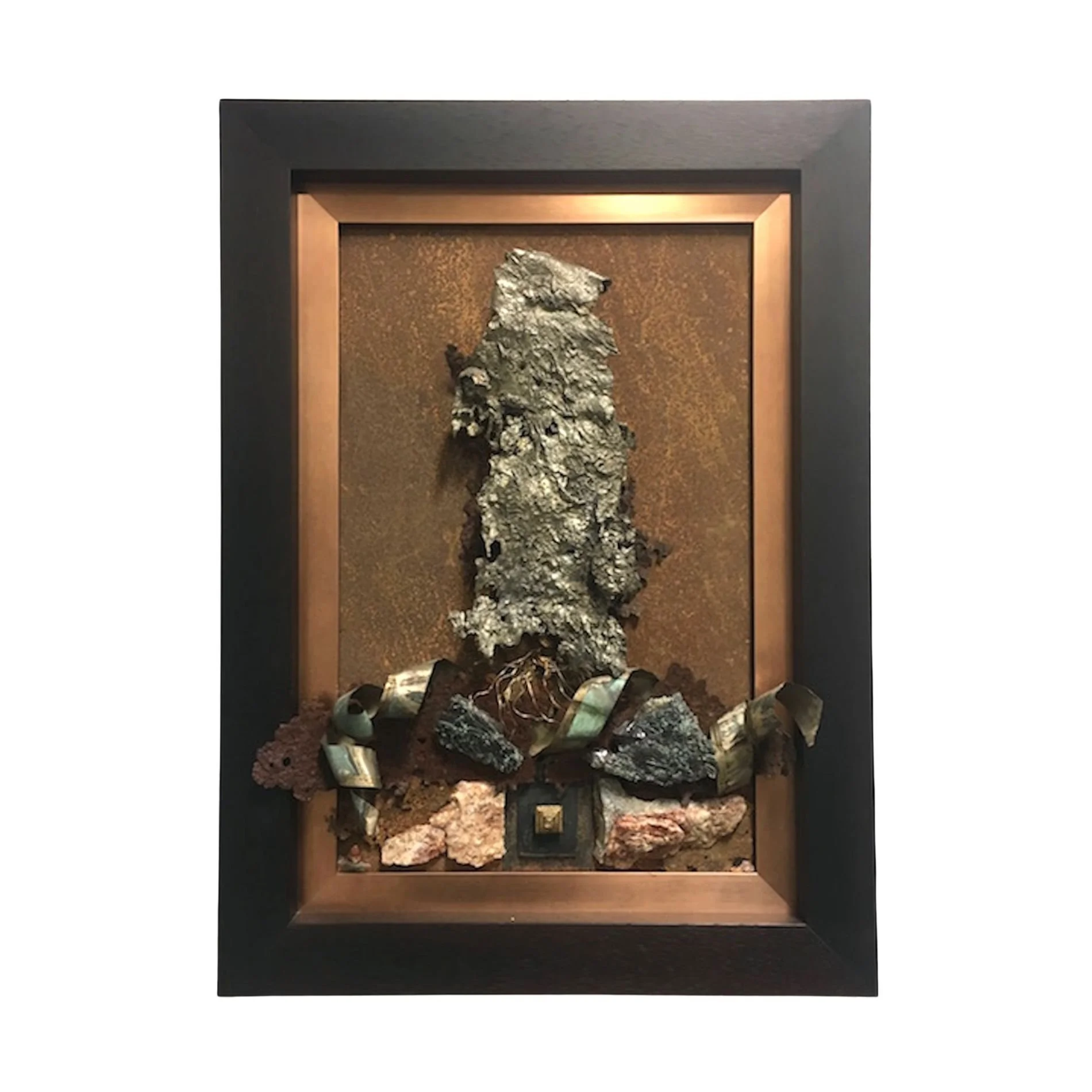 Silver Tree - Inspired by trees and rocks. Cast stainless steel, copper, rocks, vintage brass button, rusty steel. 35” x 24” x 4” 2012 (in a private collection)
