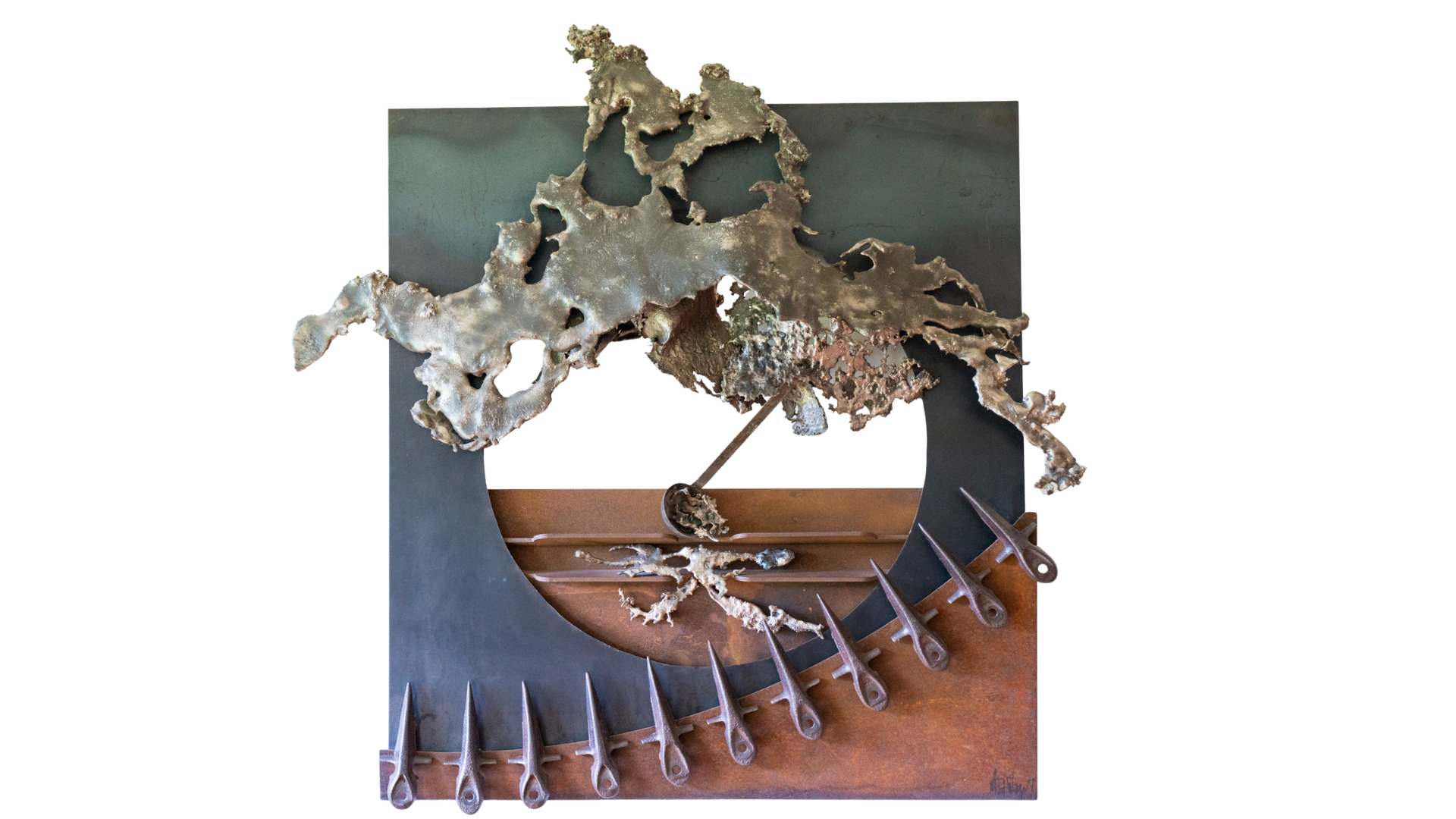FINAL DISTRIBUTION, WALL SCULPTURE
Steel, wood, found objects • 1987
