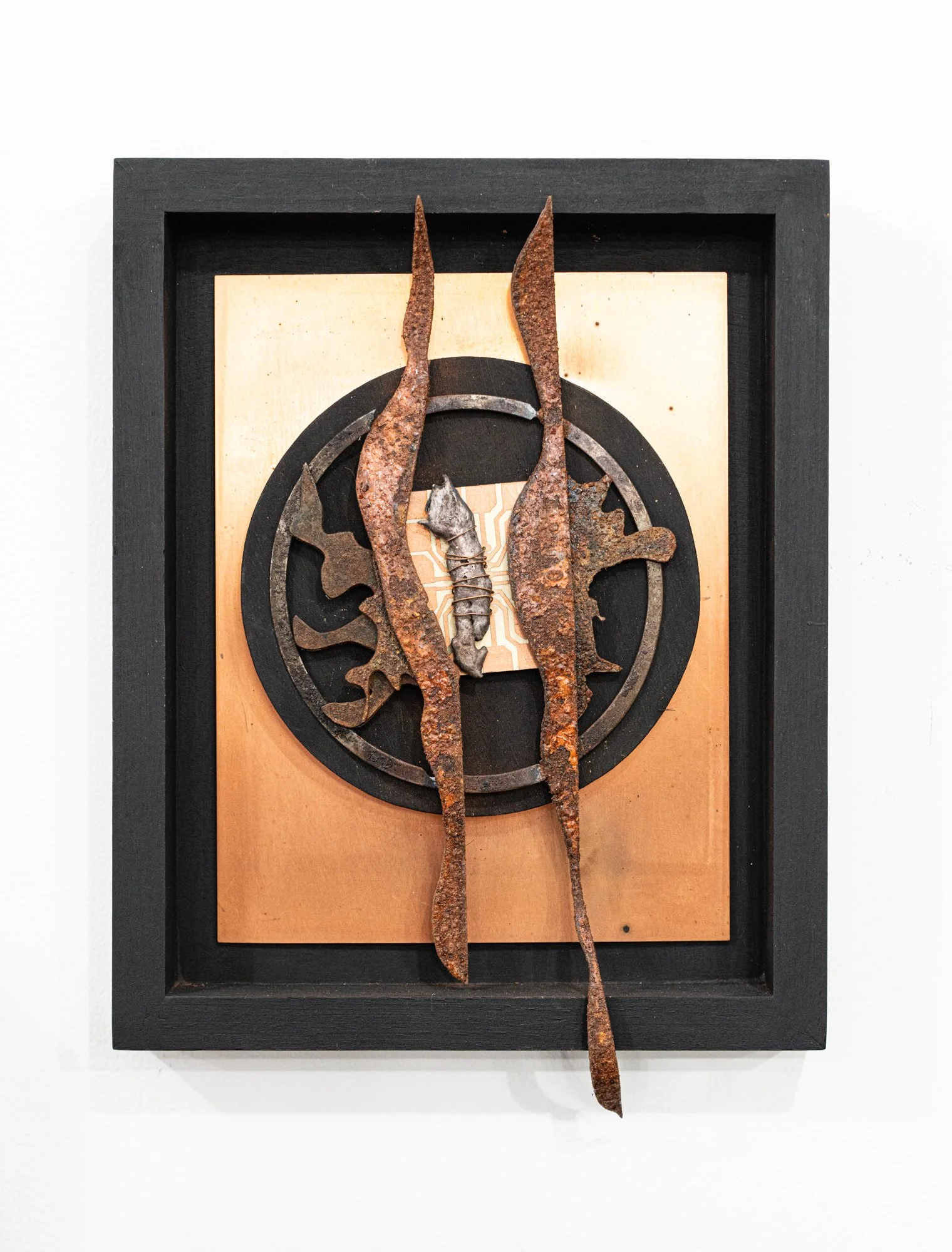 Confined -The work draws inspiration from the sensation of being constrained, restricted, or hindered in movement, activity, or self-expression. 10” x 8” x 1. Copper, steel, circuit board, cast stainless steel, wire. 2014