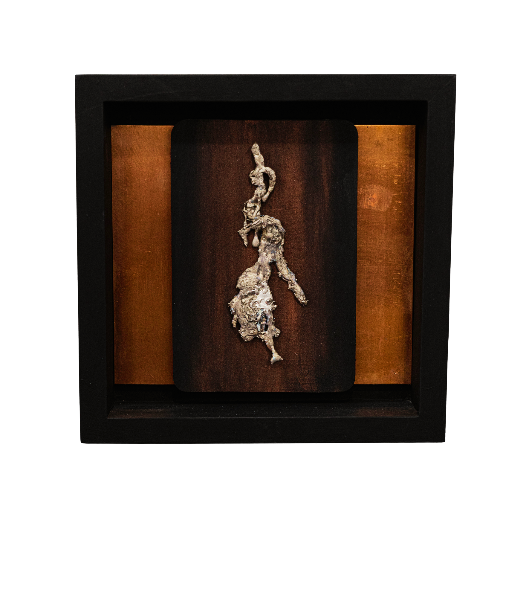 Enigma - Inspired by puzzling concepts. Wood, copper, cast bronze. 8” x8” x1.5” 2020