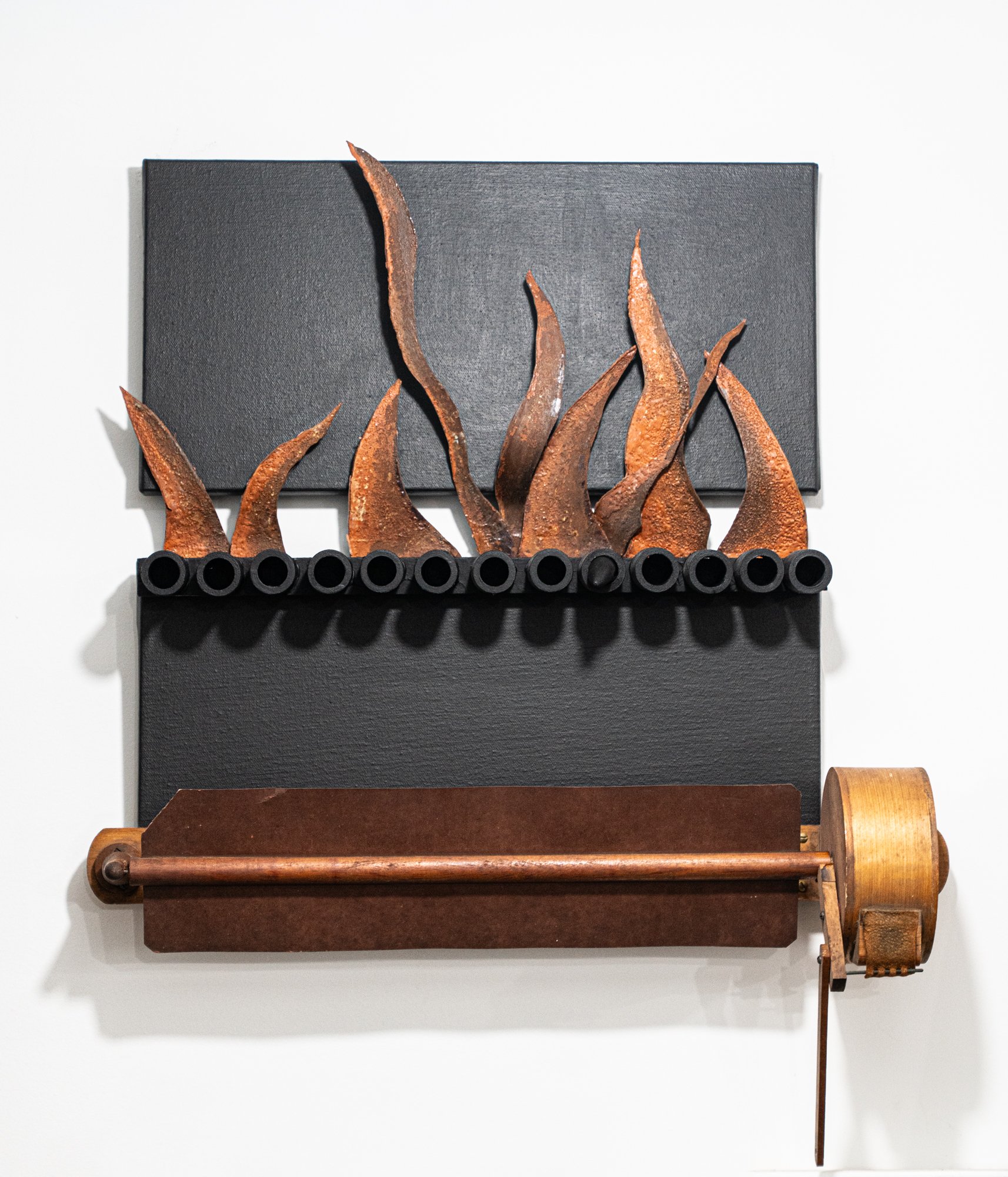 Axis - Inspired by the rotation of forms. Vintage organ parts, cardboard  cash register, cardboard spools, plasma cut steel, canvas. 20.25” x 19.5” x 6.5”,  2018