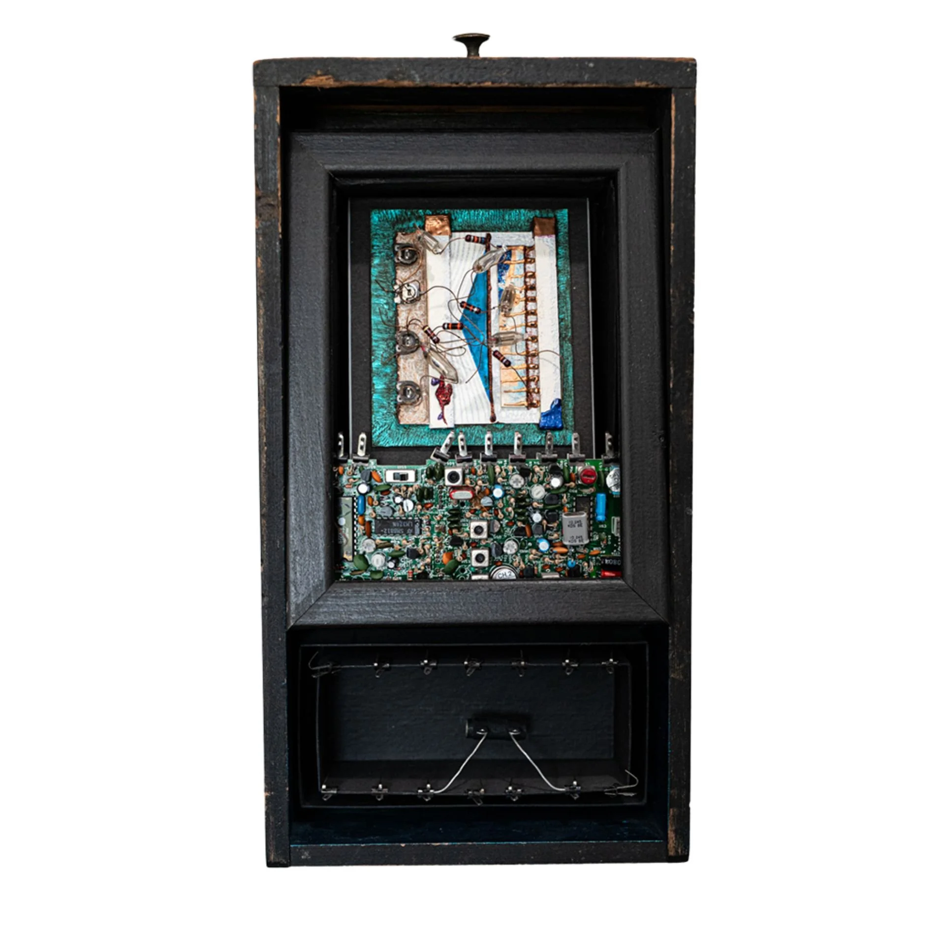 Transmit Capacity - Inspired by the transfer of communication. Electronic components, vintage drawer, wood, paint, metal clips. 13.5” x 7” x 3.5” 2015